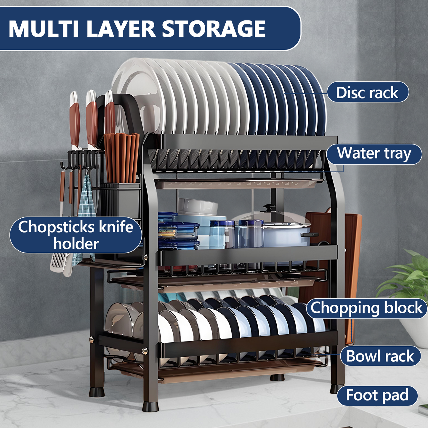 KRKZ 3-Tier Dish Rack - Steel Kitchen Drainer for Dishes, Utensils, Cutting Boards & Chopsticks (Black 20.7x9.6x25in)