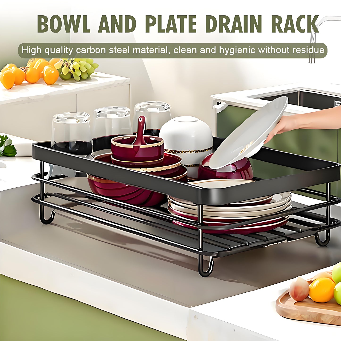 KRKZ Single-Tier Dish Rack - Large Capacity Countertop Drainer for Dishes/Utensils, Rustproof Kitchen Organizer (Black 16.6"x11.7"x5.3")