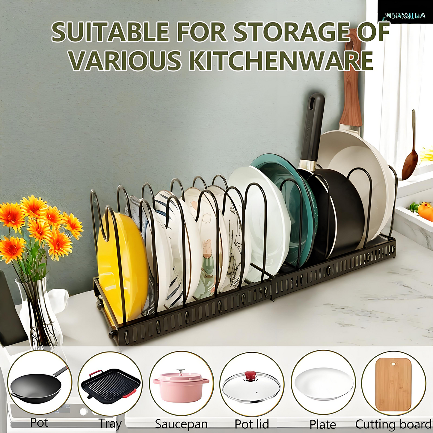 KRKZ Adjustable Dish Rack - Stainless Steel w/Drain Tray, Black 22.8"x7.1"x7.1"