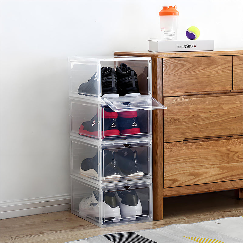 KRKZ 4-Pcs Clear Shoe Boxes - Stackable Front-Open Plastic Storage for Sneakers/Boots, Space-Saving Foldable Display Organizer (15.4"x13.4"x4.7")