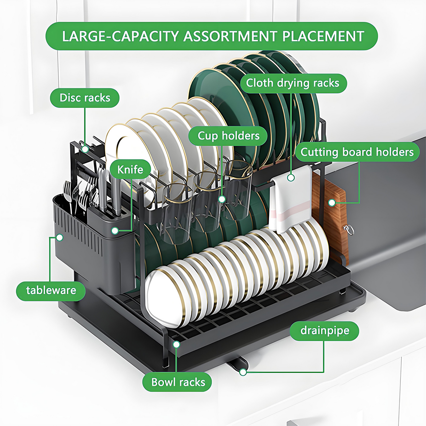 KRKZ 2-Tier Dish Rack - Carbon Steel Kitchen Drainer with Cup Holder, Space-Saving for Dishes/Utensils/Cutting Boards (Black 16.2"x12"x13.6")