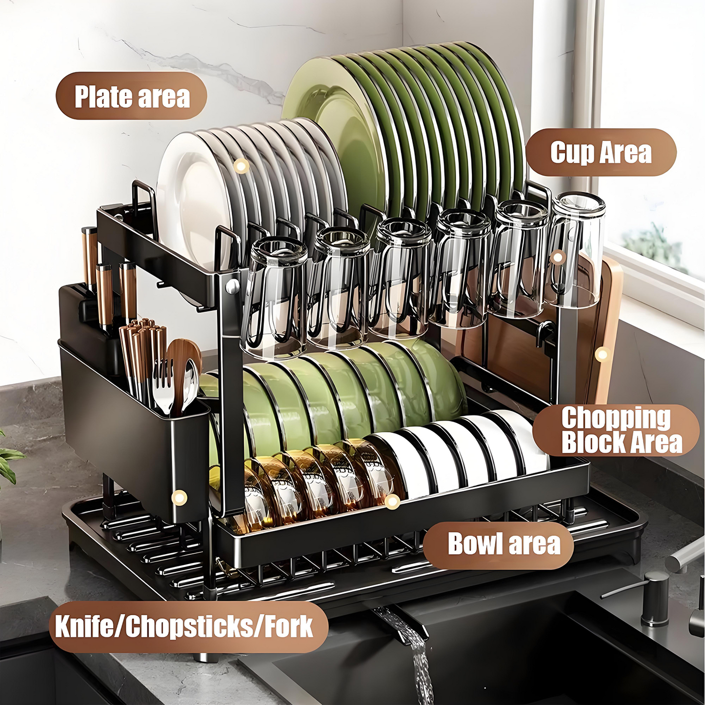 KRKZ Double-layer Bowl and Plate Organizer with Drainage Rack and Drainage Tube (Black 16.54*11.42*11.42in)