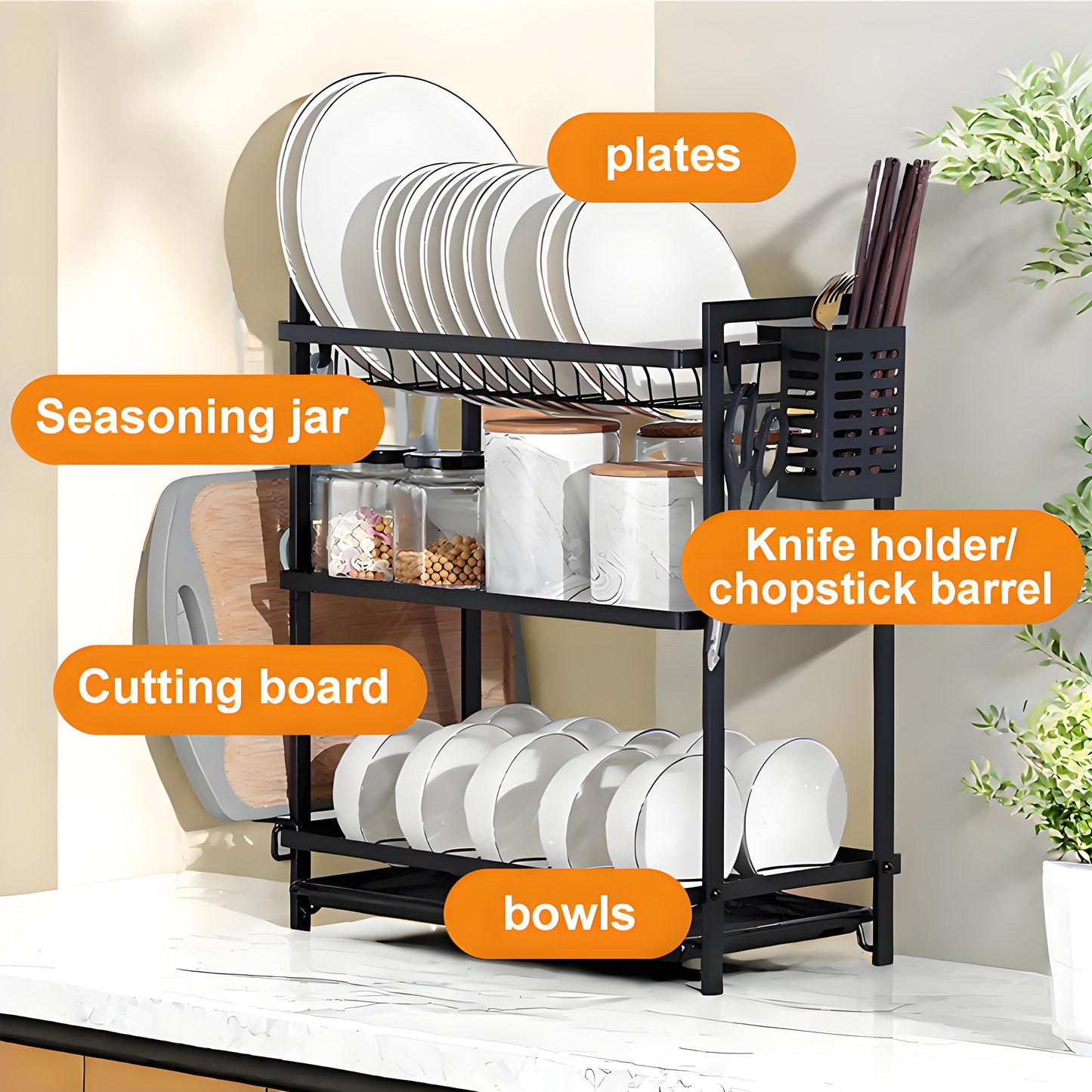 KRKZ Three-layer Kitchen Bowl, Plate, and Chopstick Organizer with Drainage Tray (Black, 21.06 x 9.84 x 19.88in)