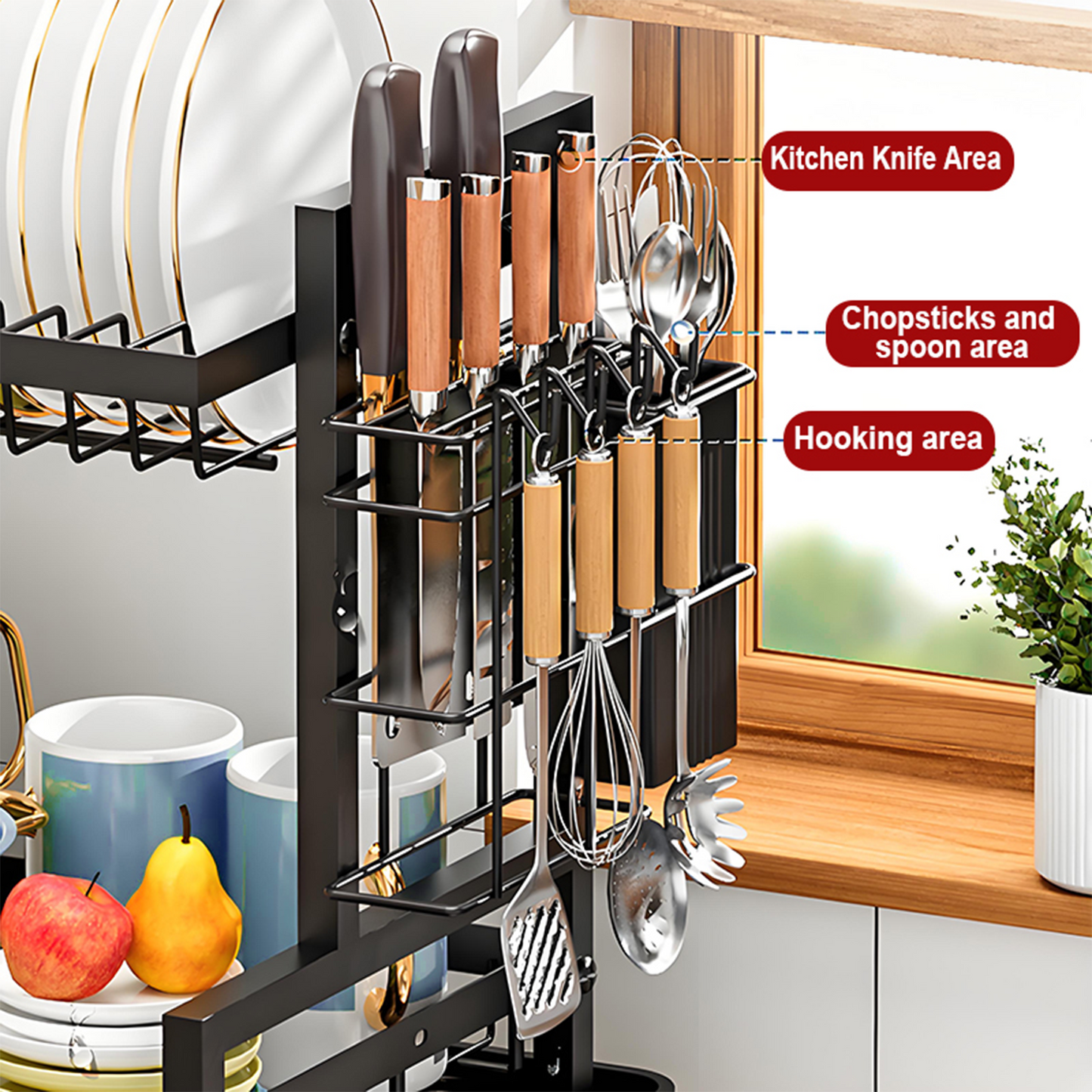 KRKZ 2-Tier Dish Rack - Carbon Steel Kitchen Organizer w/Knife & Cup Holders, Space-Saving for Dishes/Utensils (Black 16.3"x11.8"x13")