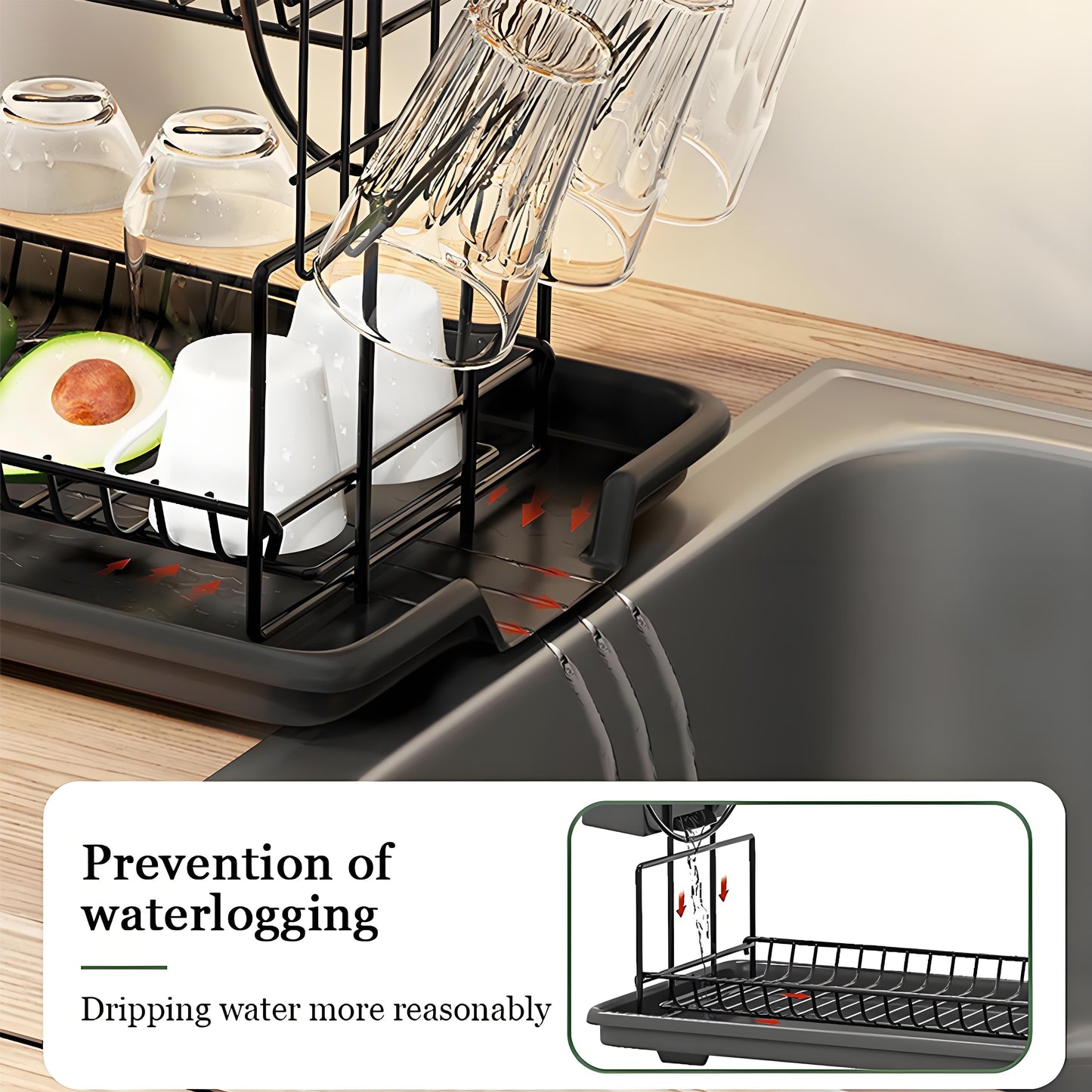 KRKZ 2-Tier Carbon Steel Dish Rack - Heavy-duty organizer with utensil/chopstick holders, fits plates/bowls/cups, rust-resistant (Black 15.2"x9.3"x14.6")