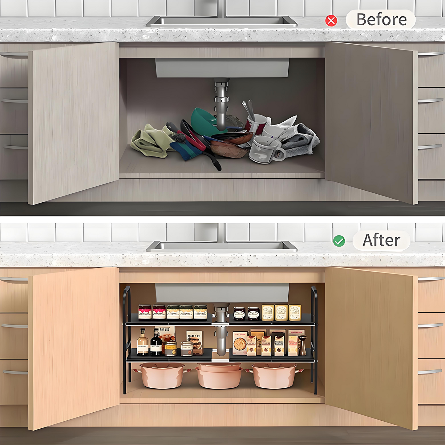 KRKZ Expandable Under-Sink Organizer - 2-Tier Adjustable Storage, Black 26.4"x9.8"x16.5"