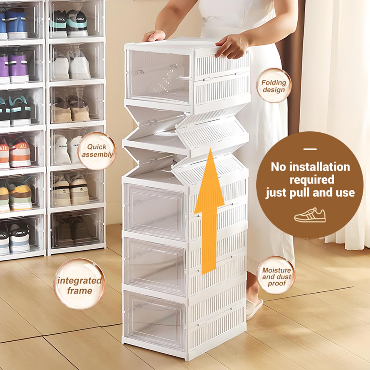 KRKZ 6-Tier Foldable Shoe Organizer - Semi-Transparent Stackable Storage with Doors, Space-Saving for Men's Sneakers (White 15.8"x7.3"x12.2")