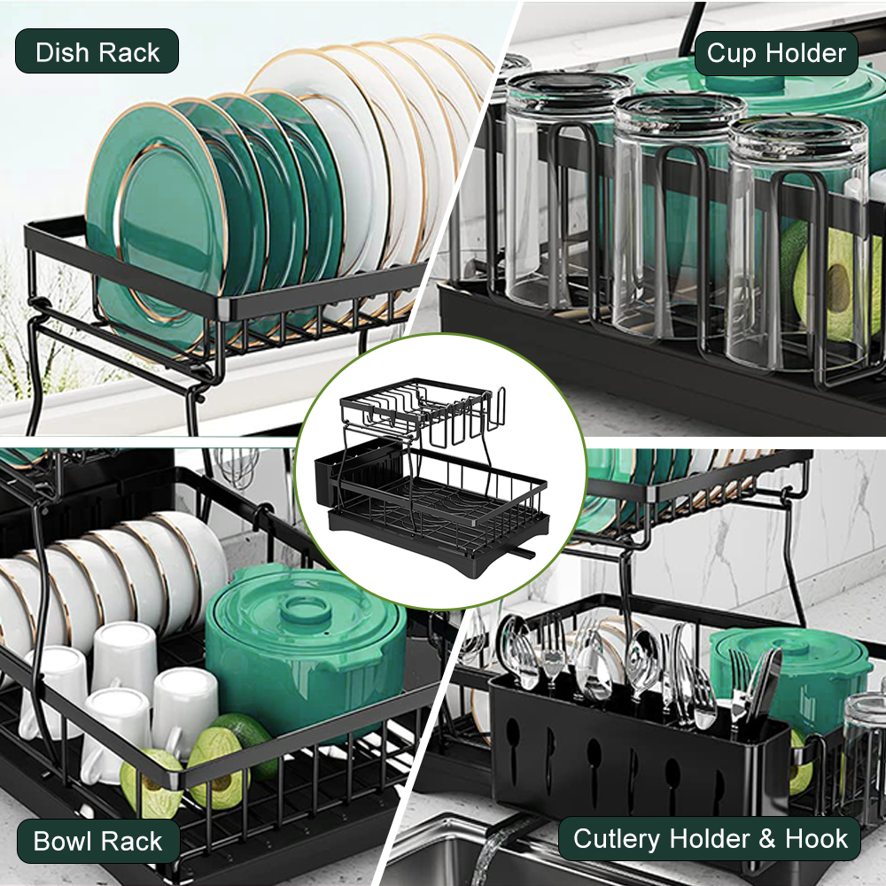 KRKZ Home Kitchen 2-Tier Stainless Steel Foldable Dish Racks ,18.9"x12.2"x11.8"in, Black