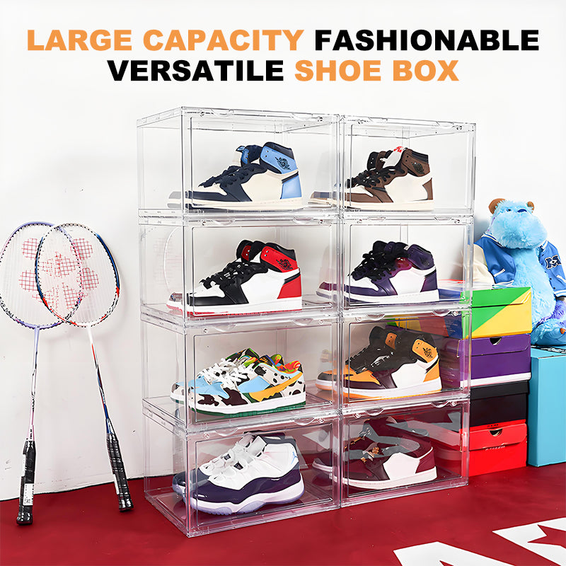 KRKZ 4-Pcs Clear Shoe Boxes - Stackable Front-Open Plastic Storage for Sneakers/Boots, Space-Saving Foldable Display Organizer (15.4"x13.4"x4.7")