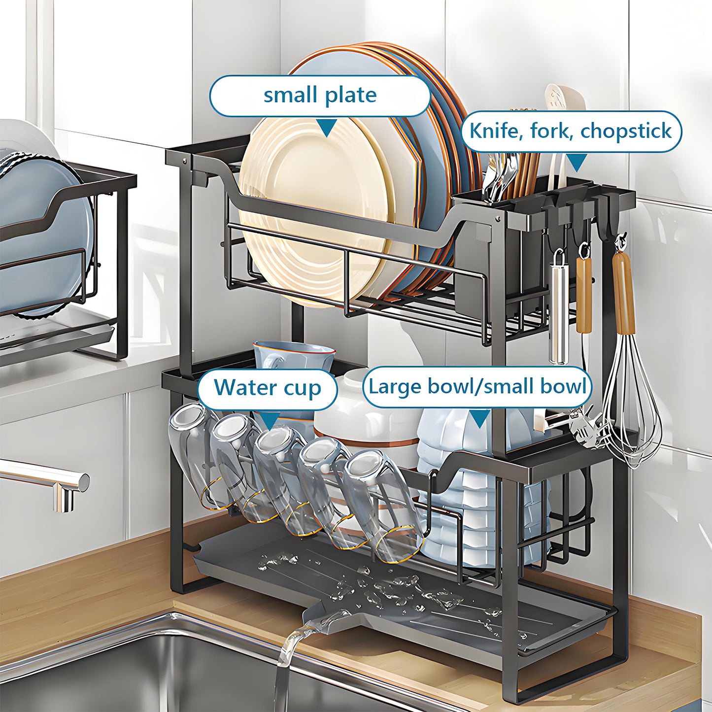 KRKZ 2-Tier Dish Rack - Large Stainless Steel Kitchen Drainer for Dishes, Bowls, Utensils (Spoons/Forks) (Black 16.9x6.7x15.4 in)