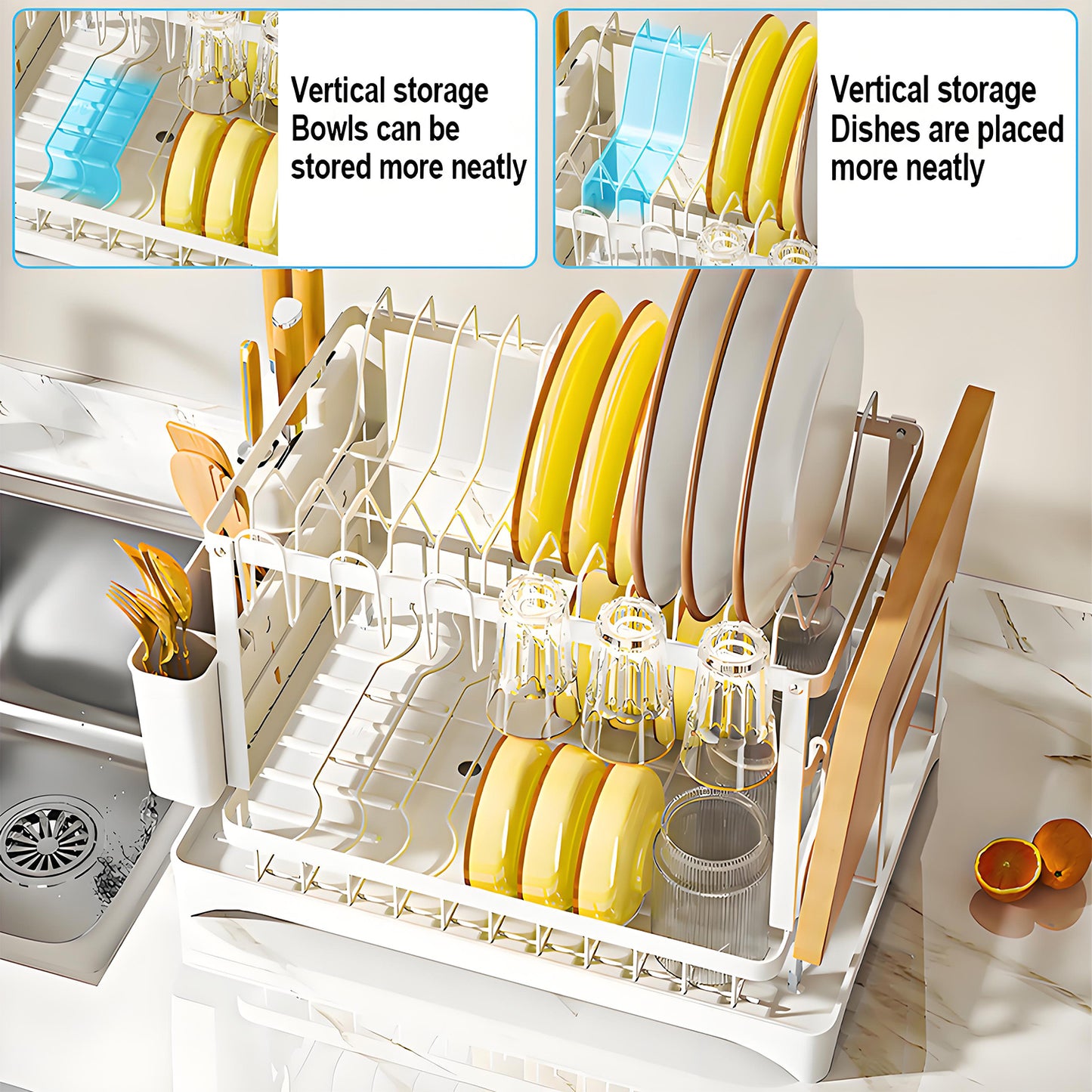 KRKZ 2-Tier Stainless Steel Foldable Dish Racks ,16.5*11.8*11.4in, White