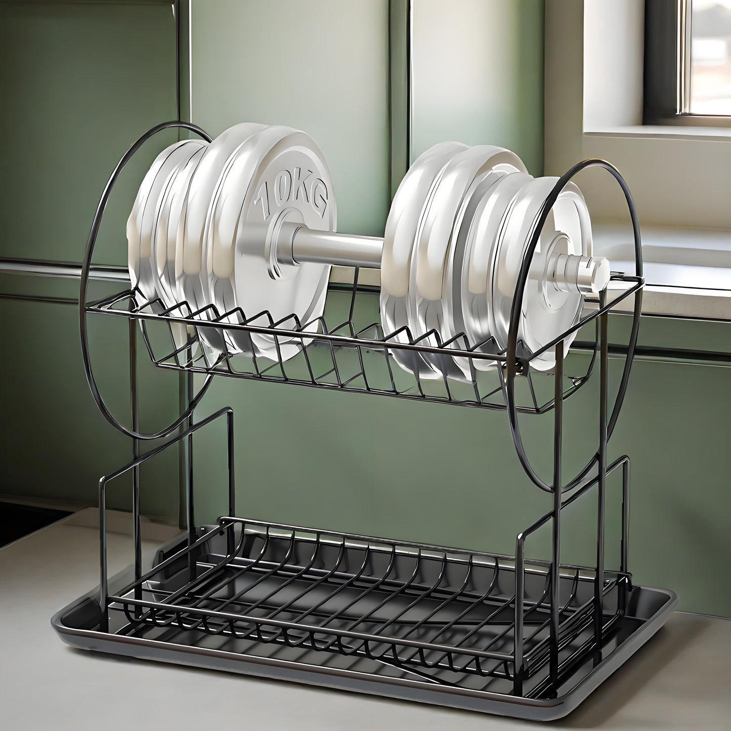 KRKZ 2-Tier Carbon Steel Dish Rack - Heavy-duty organizer with utensil/chopstick holders, fits plates/bowls/cups, rust-resistant (Black 15.2"x9.3"x14.6")
