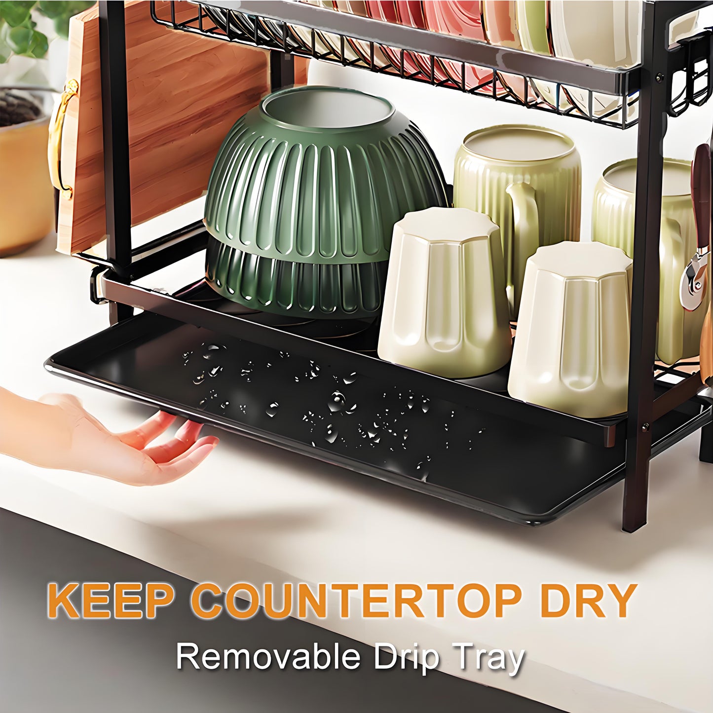 KRKZ Three-layer Kitchen Bowl, Plate, and Chopstick Organizer with Drainage Tray (Black, 21.06 x 9.84 x 19.88in)