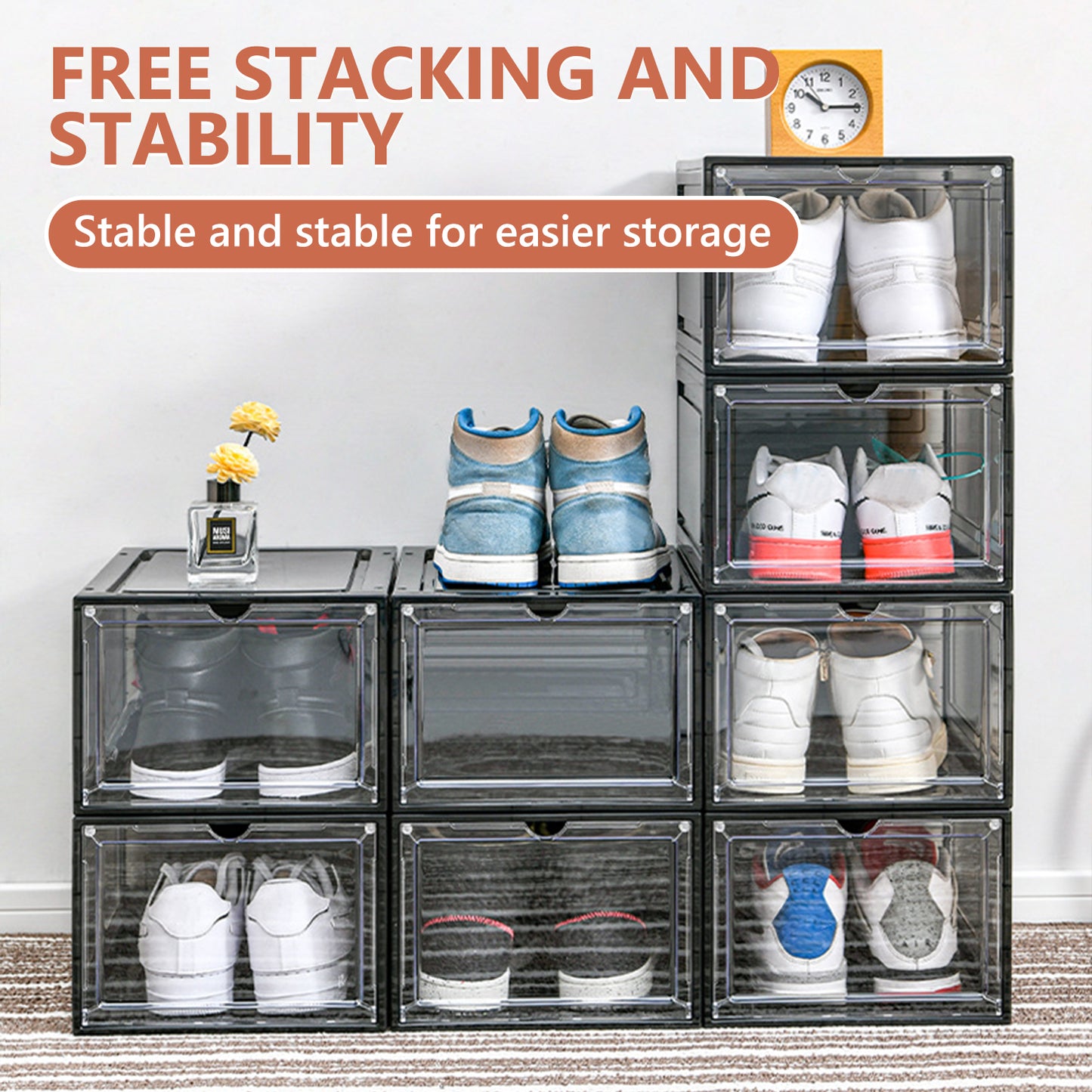 KRKZ 10-Pcs Plastic Shoe Boxes - Durable Foldable Stackable Storage Bins with Flip Lid for Closet/Office/Dorm, Space-Saving Organizers (Black 13.4"x10.6"x17.5")