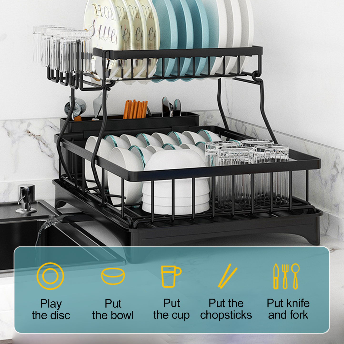 KRKZ Home Kitchen 2-Tier Stainless Steel Foldable Dish Racks ,18.9"x12.2"x11.8"in, Black