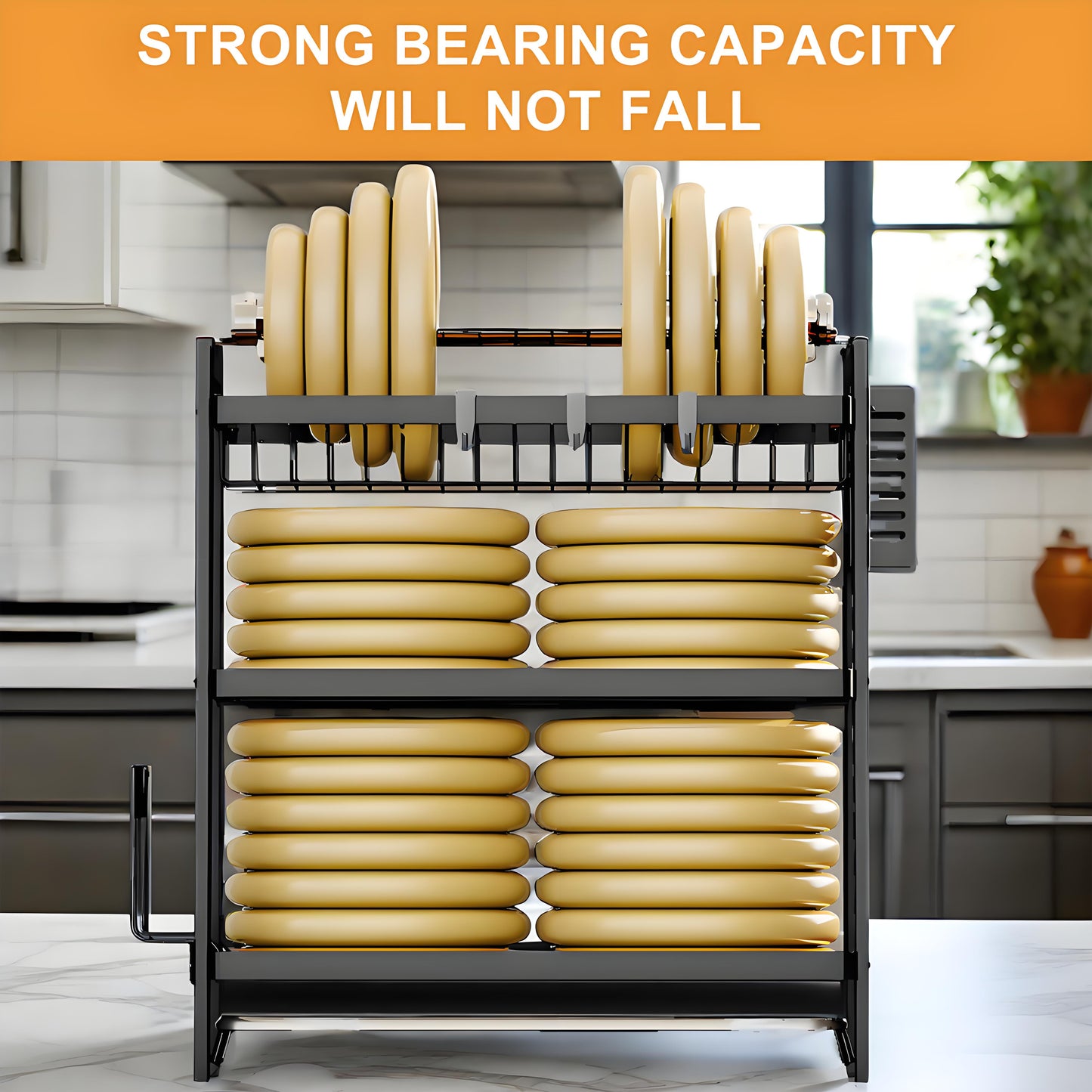 KRKZ Three-layer Kitchen Bowl, Plate, and Chopstick Organizer with Drainage Tray (Black, 21.06 x 9.84 x 19.88in)