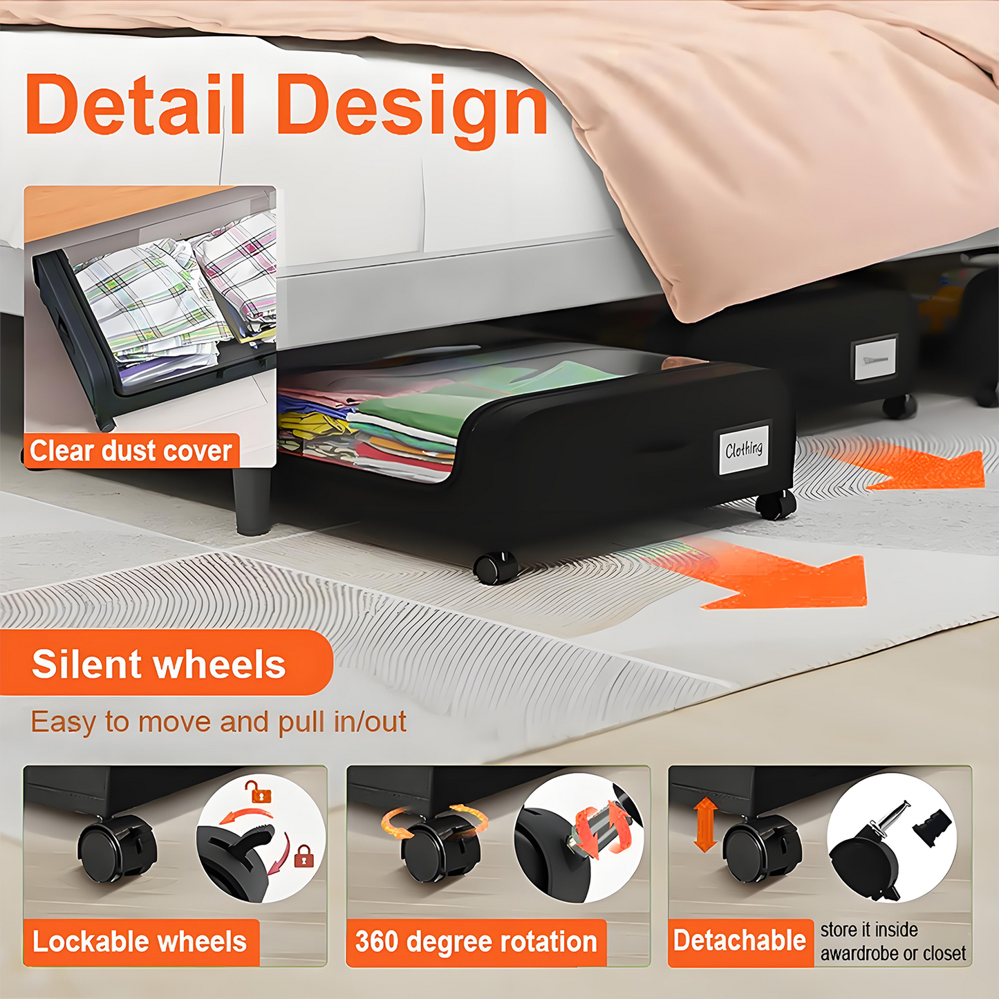 KRKZ 2-Pack Underbed Storage Bins with Wheels & Clear Lids, Space-Saving Organizers 30.7x16.9x5.7In