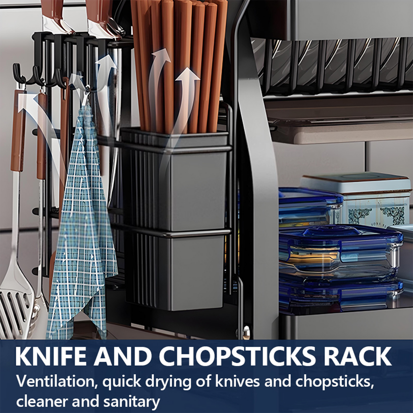 KRKZ 3-Tier Dish Rack - Steel Kitchen Drainer for Dishes, Utensils, Cutting Boards & Chopsticks (Black 20.7x9.6x25in)