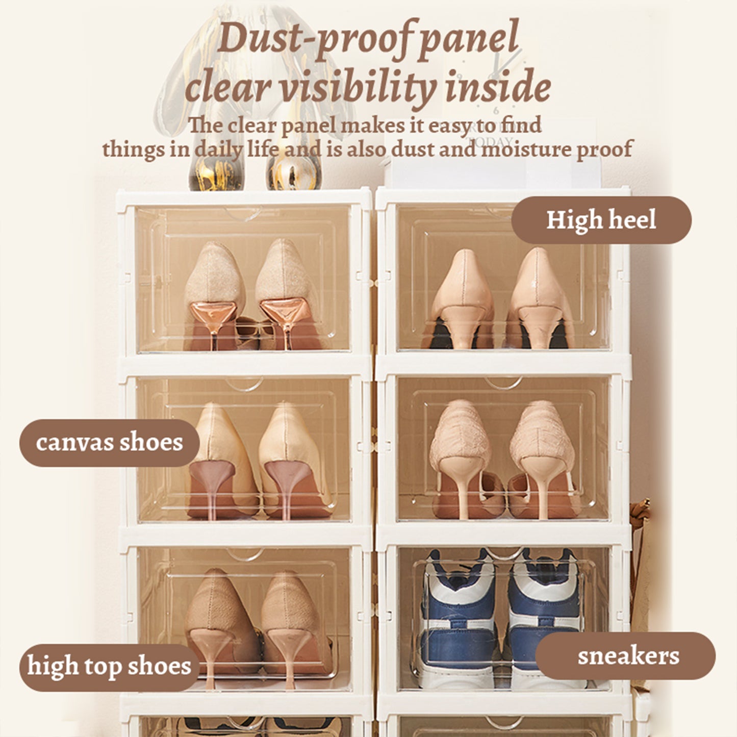 KRKZ 9-Tier Foldable Shoe Organizer - Semi-Transparent Stackable Storage Boxes w/Doors, Space-Saving for Closet/Bedroom (White 12.2"x10.2"x15.8")