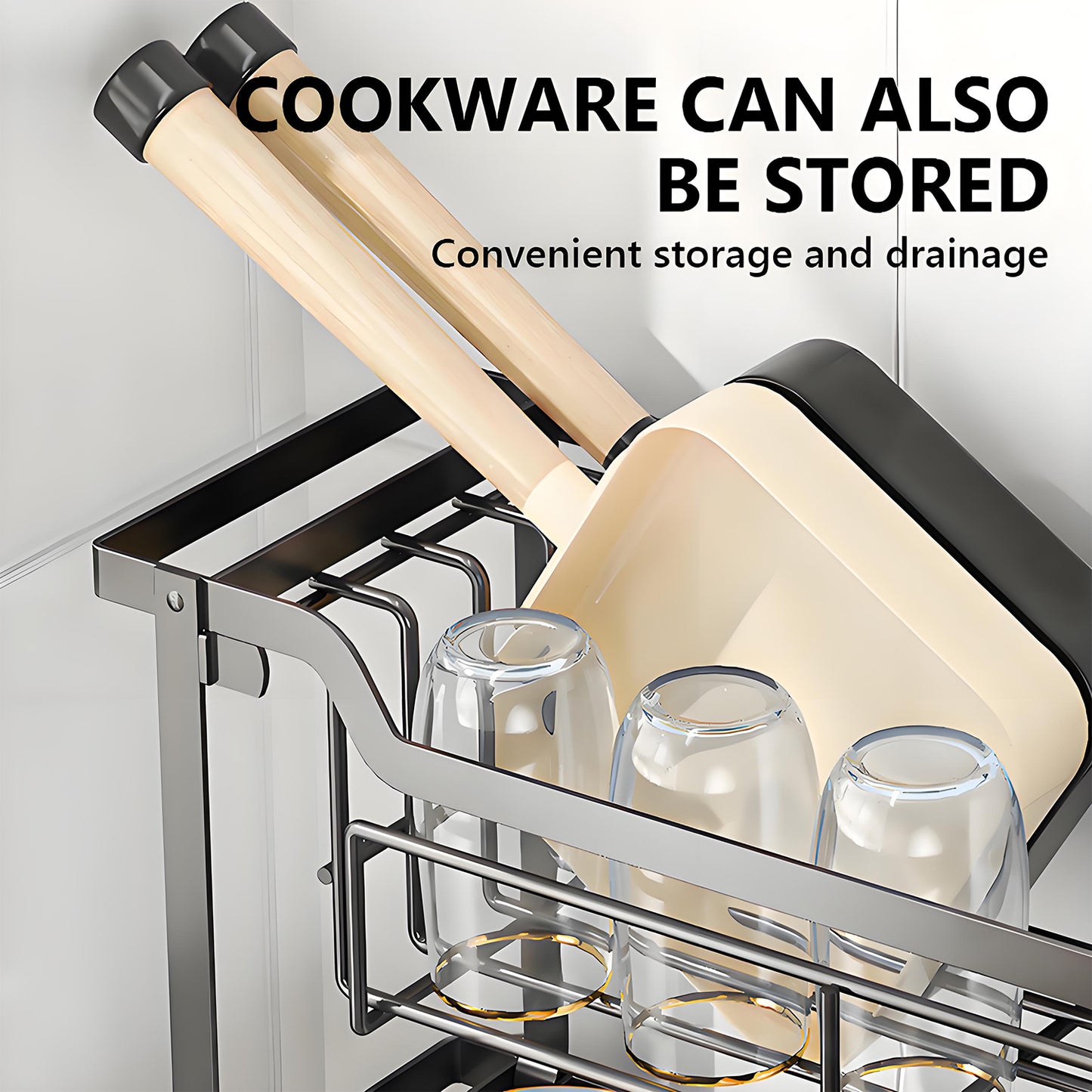 KRKZ 2-Tier Dish Rack - Large Stainless Steel Kitchen Drainer for Dishes, Bowls, Utensils (Spoons/Forks) (Black 16.9x6.7x15.4 in)