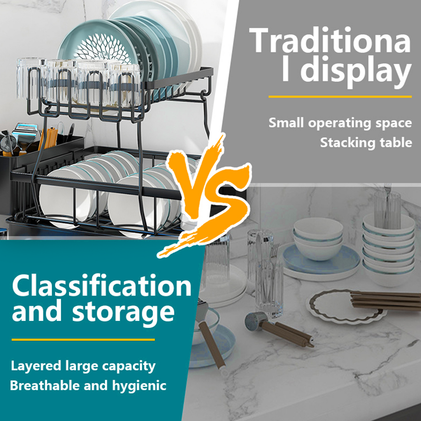 KRKZ Home Kitchen 2-Tier Stainless Steel Foldable Dish Racks ,18.9"x12.2"x11.8"in, Black