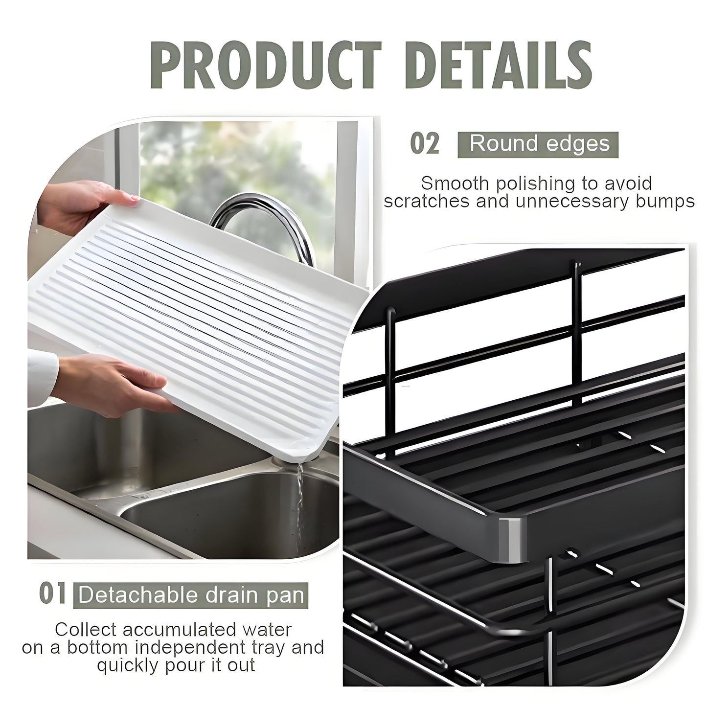 KRKZ Single-Tier Dish Rack - Large Capacity Countertop Drainer for Dishes/Utensils, Rustproof Kitchen Organizer (Black 16.6"x11.7"x5.3")