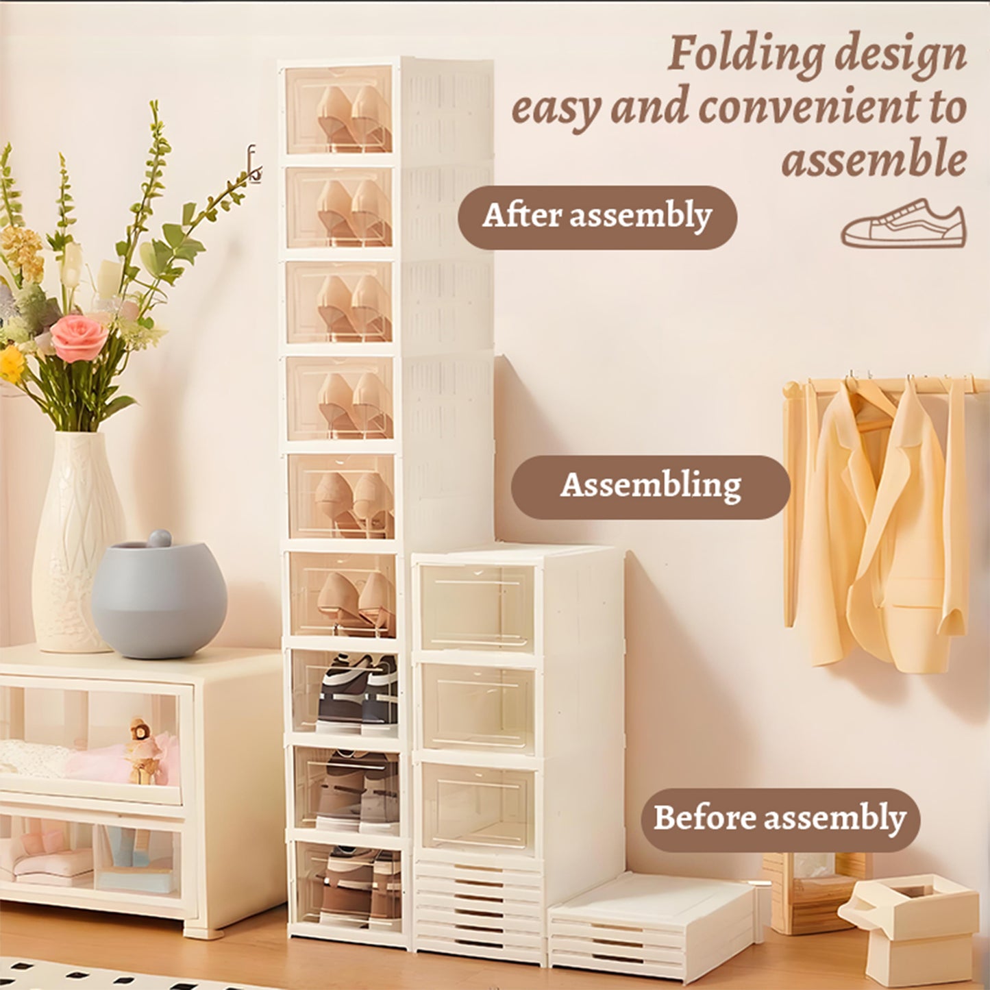 KRKZ 9-Tier Foldable Shoe Organizer - Semi-Transparent Stackable Storage Boxes w/Doors, Space-Saving for Closet/Bedroom (White 12.2"x10.2"x15.8")