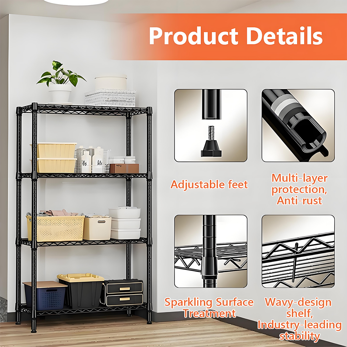 KRKZ Adjustable 4-Shelf Heavy Duty Metal Storage Shelving Unit in Black,22*13.78*47 Inches, Perfect Organizer for Kitchen and Bathroom