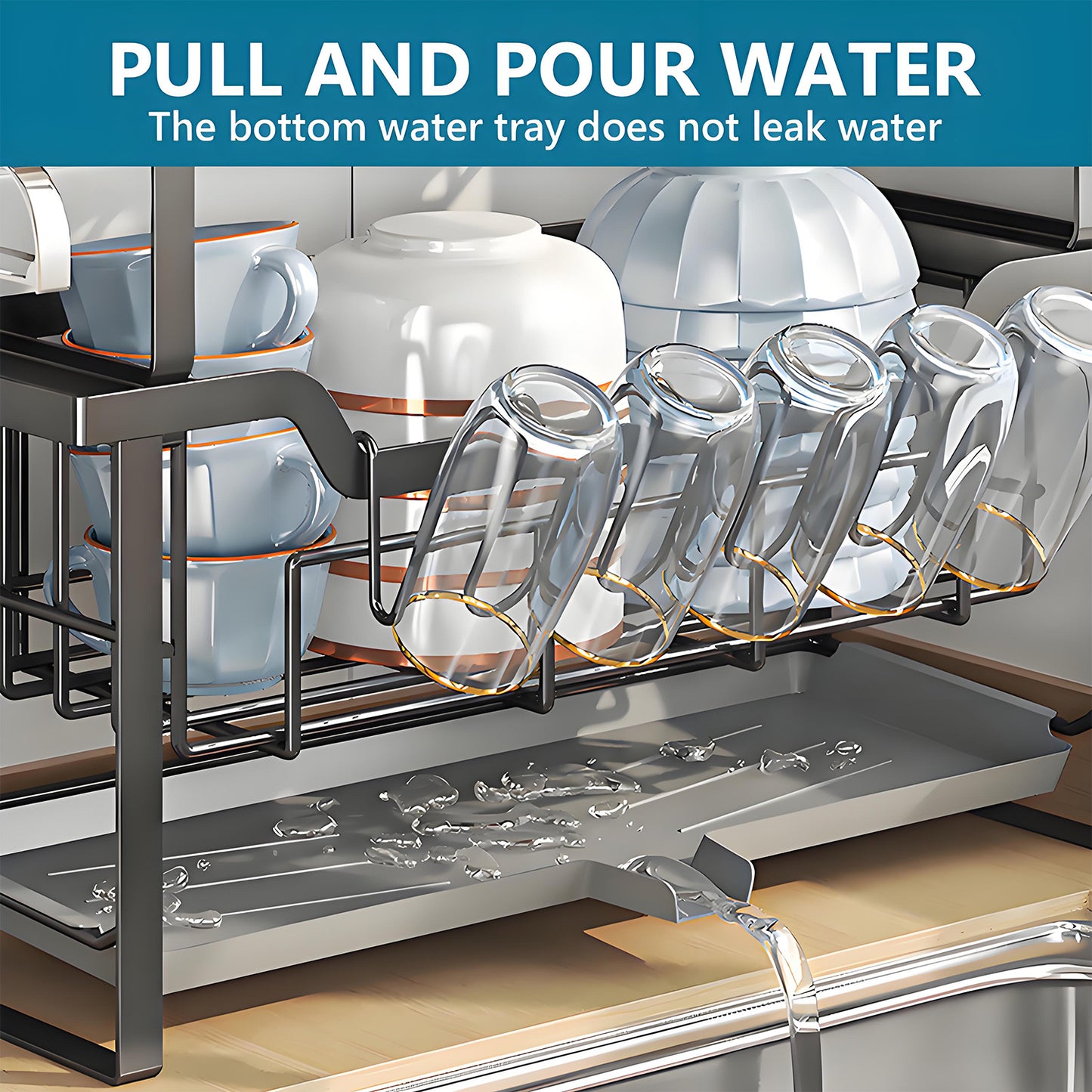 KRKZ 2-Tier Dish Rack - Large Stainless Steel Kitchen Drainer for Dishes, Bowls, Utensils (Spoons/Forks) (Black 16.9x6.7x15.4 in)