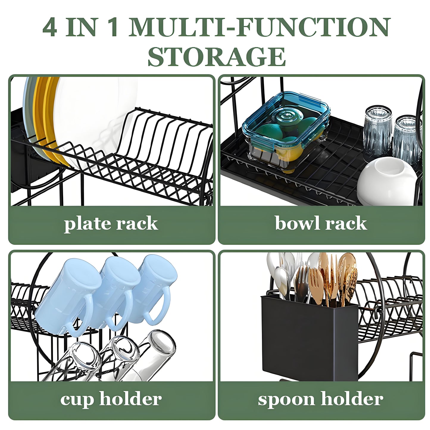 KRKZ 2-Tier Carbon Steel Dish Rack - Heavy-duty organizer with utensil/chopstick holders, fits plates/bowls/cups, rust-resistant (Black 15.2"x9.3"x14.6")