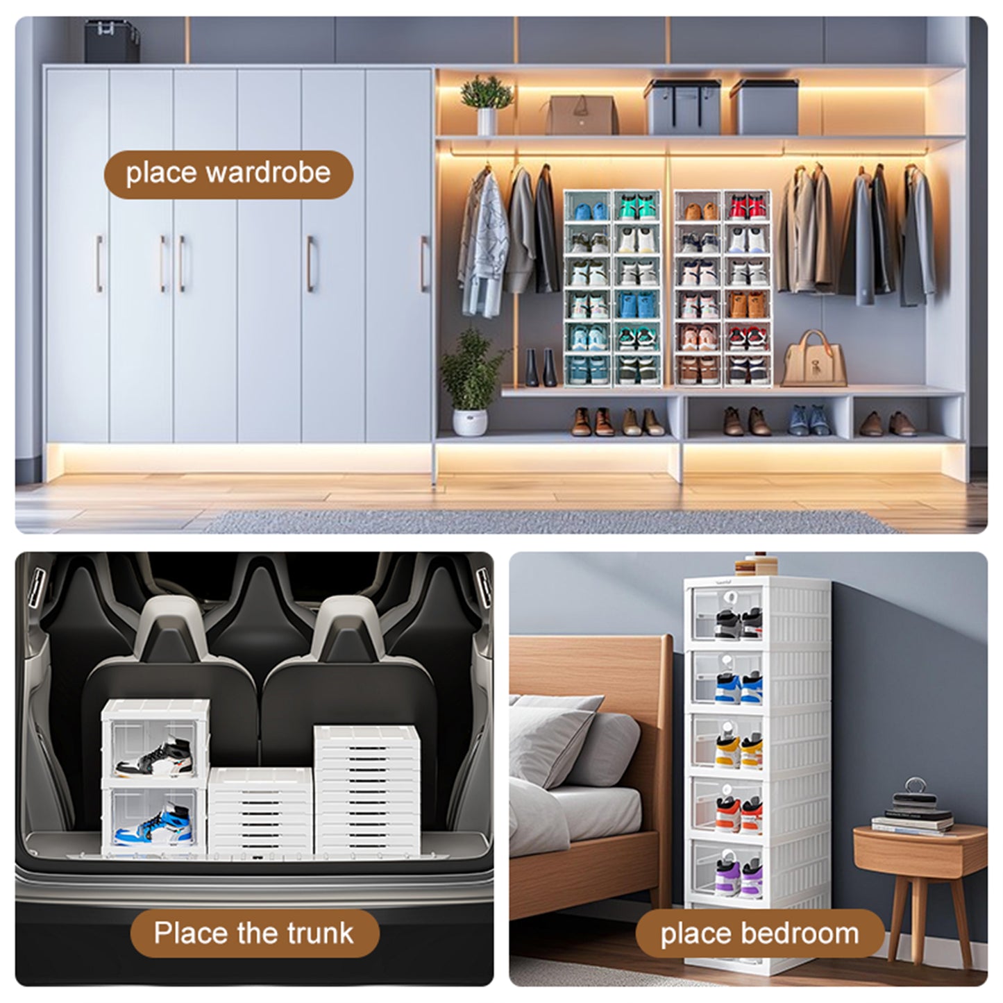 KRKZ 6-Tier Foldable Shoe Organizer - Semi-Transparent Stackable Storage with Doors, Space-Saving for Men's Sneakers (White 15.8"x7.3"x12.2")