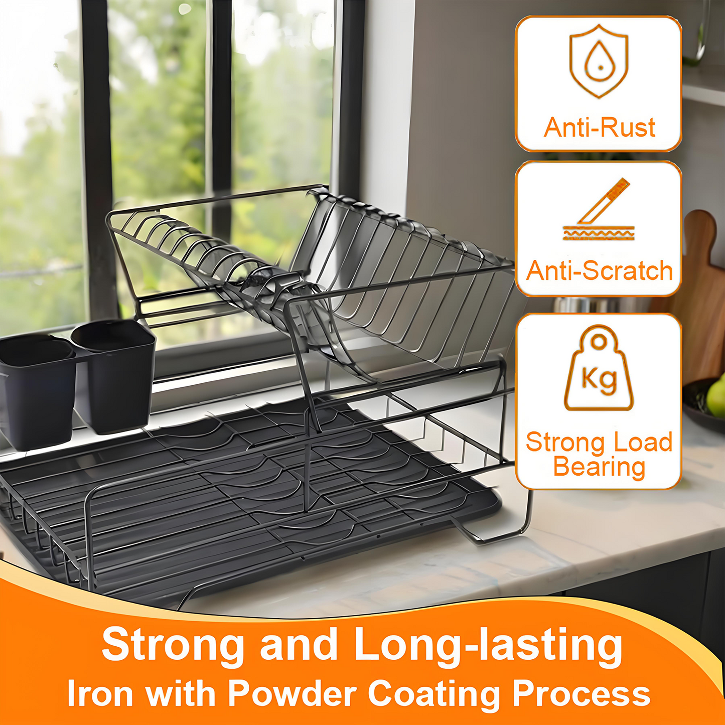 KRKZ Stackable Double Layer Dish Rack, Space-Saving and Durable for Kitchen Use (Black, 16.92 x 12.99 x 10.23 in)