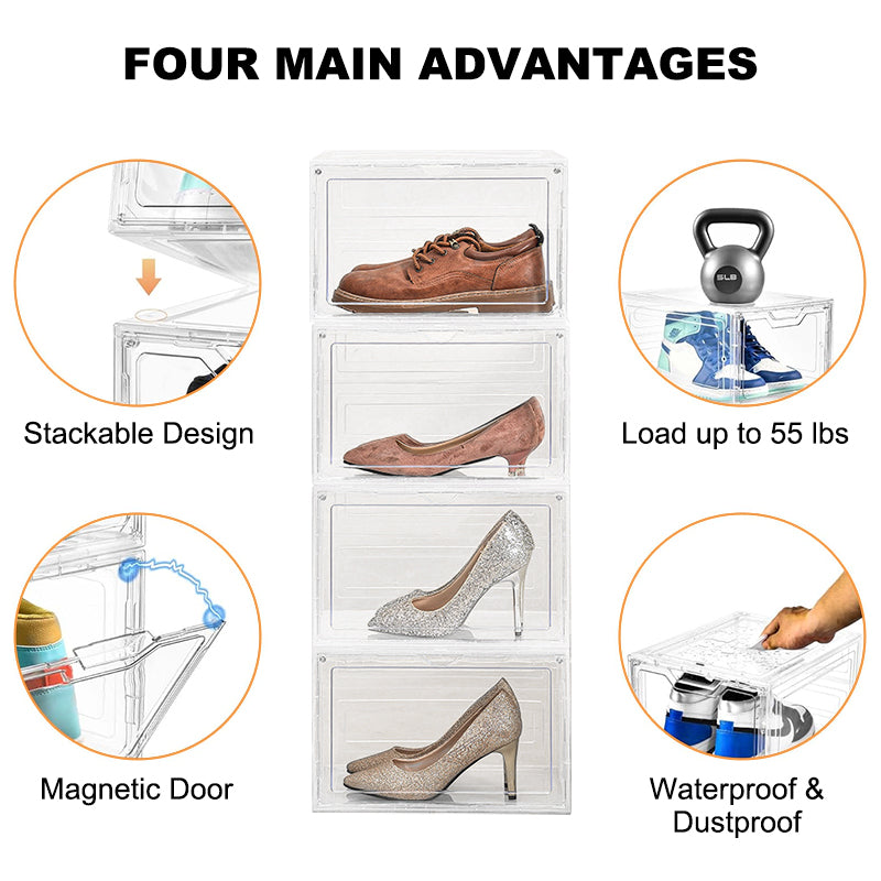 KRKZ 4-Pcs Clear Shoe Boxes - Stackable Front-Open Plastic Storage for Sneakers/Boots, Space-Saving Foldable Display Organizer (15.4"x13.4"x4.7")