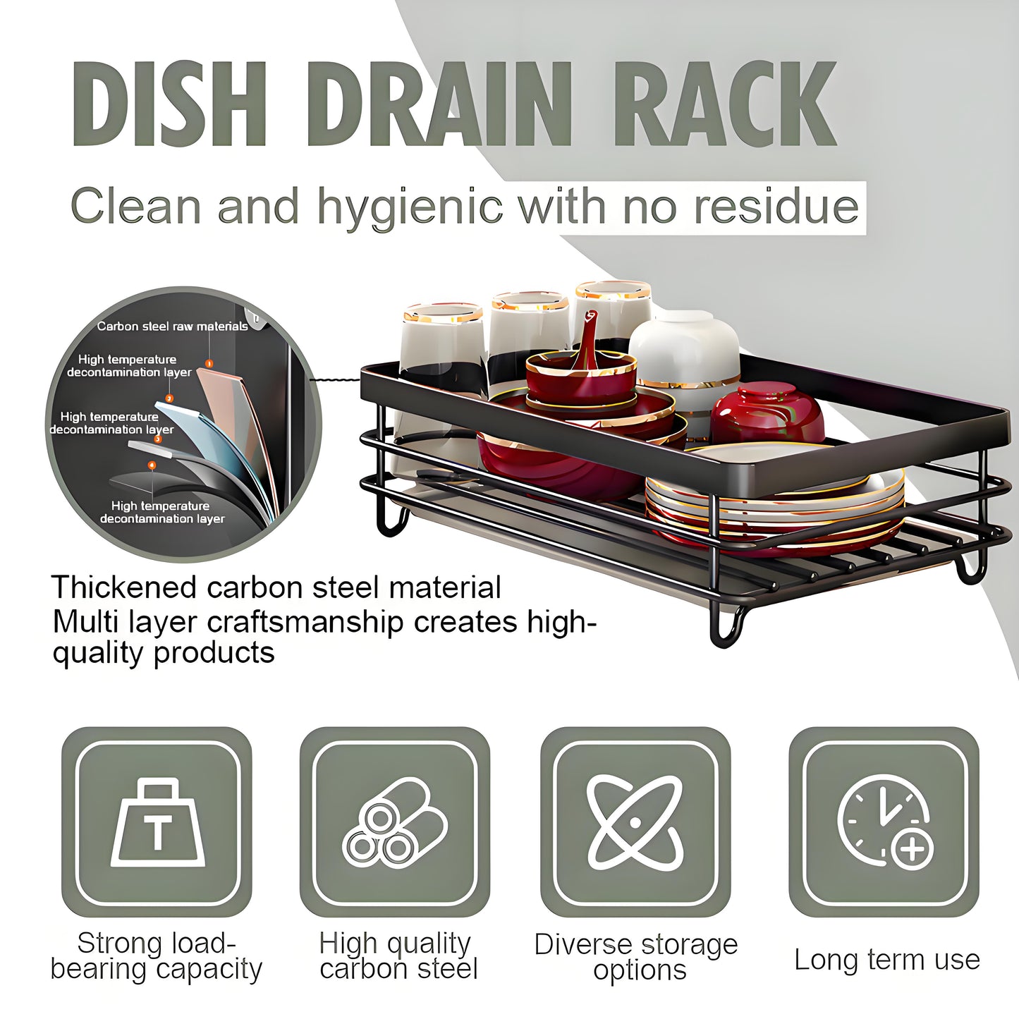 KRKZ Single-Tier Dish Rack - Large Capacity Countertop Drainer for Dishes/Utensils, Rustproof Kitchen Organizer (Black 16.6"x11.7"x5.3")