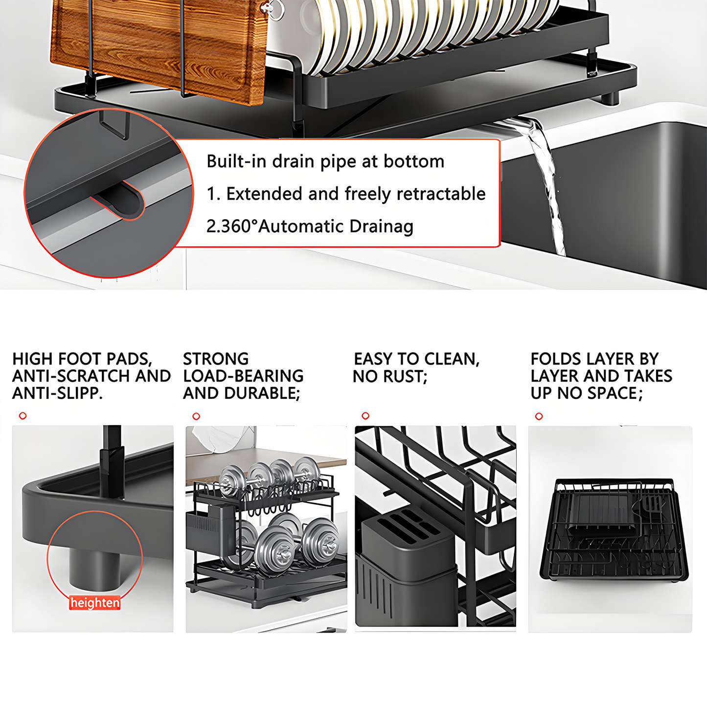 KRKZ 2-Tier Dish Rack - Carbon Steel Kitchen Drainer with Cup Holder, Space-Saving for Dishes/Utensils/Cutting Boards (Black 16.2"x12"x13.6")