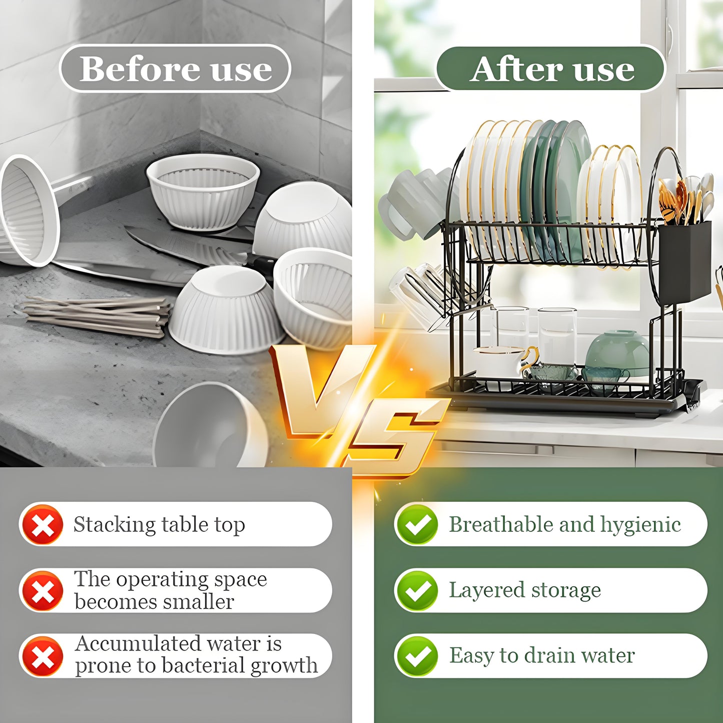 KRKZ 2-Tier Carbon Steel Dish Rack - Heavy-duty organizer with utensil/chopstick holders, fits plates/bowls/cups, rust-resistant (Black 15.2"x9.3"x14.6")