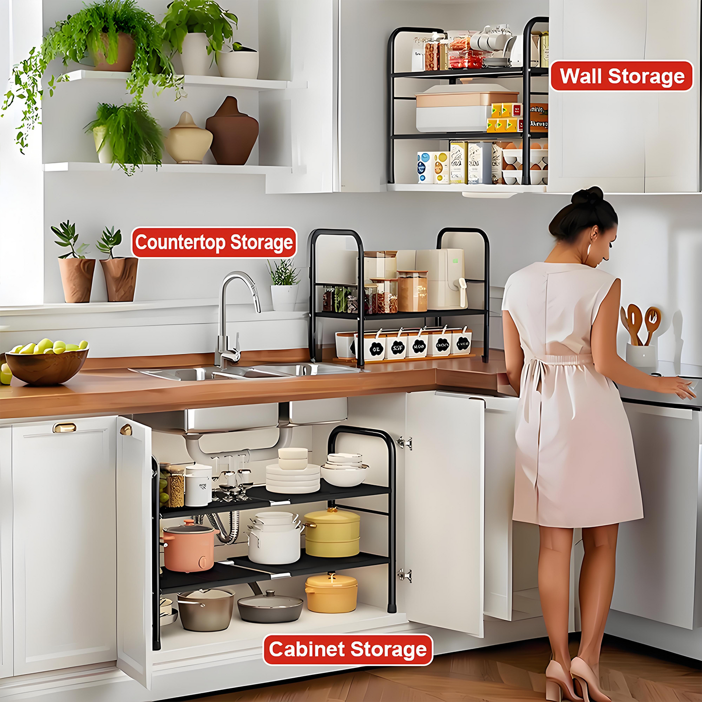 KRKZ Expandable Under-Sink Organizer - 2-Tier Adjustable Storage, Black 26.4"x9.8"x16.5"