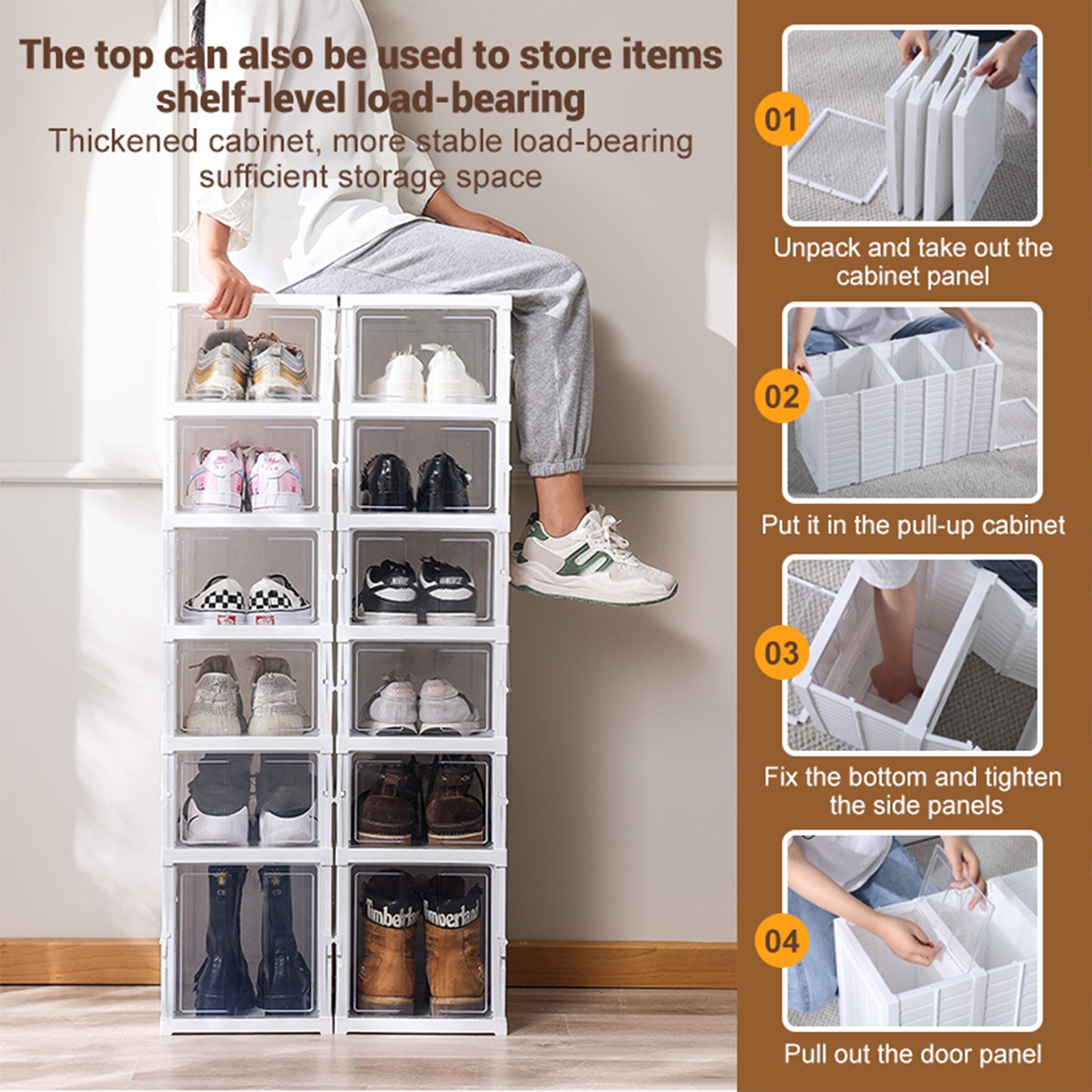 KRKZ 6-Tier Foldable Shoe Organizer - Semi-Transparent Stackable Storage with Doors, Space-Saving for Men's Sneakers (White 15.8"x7.3"x12.2")