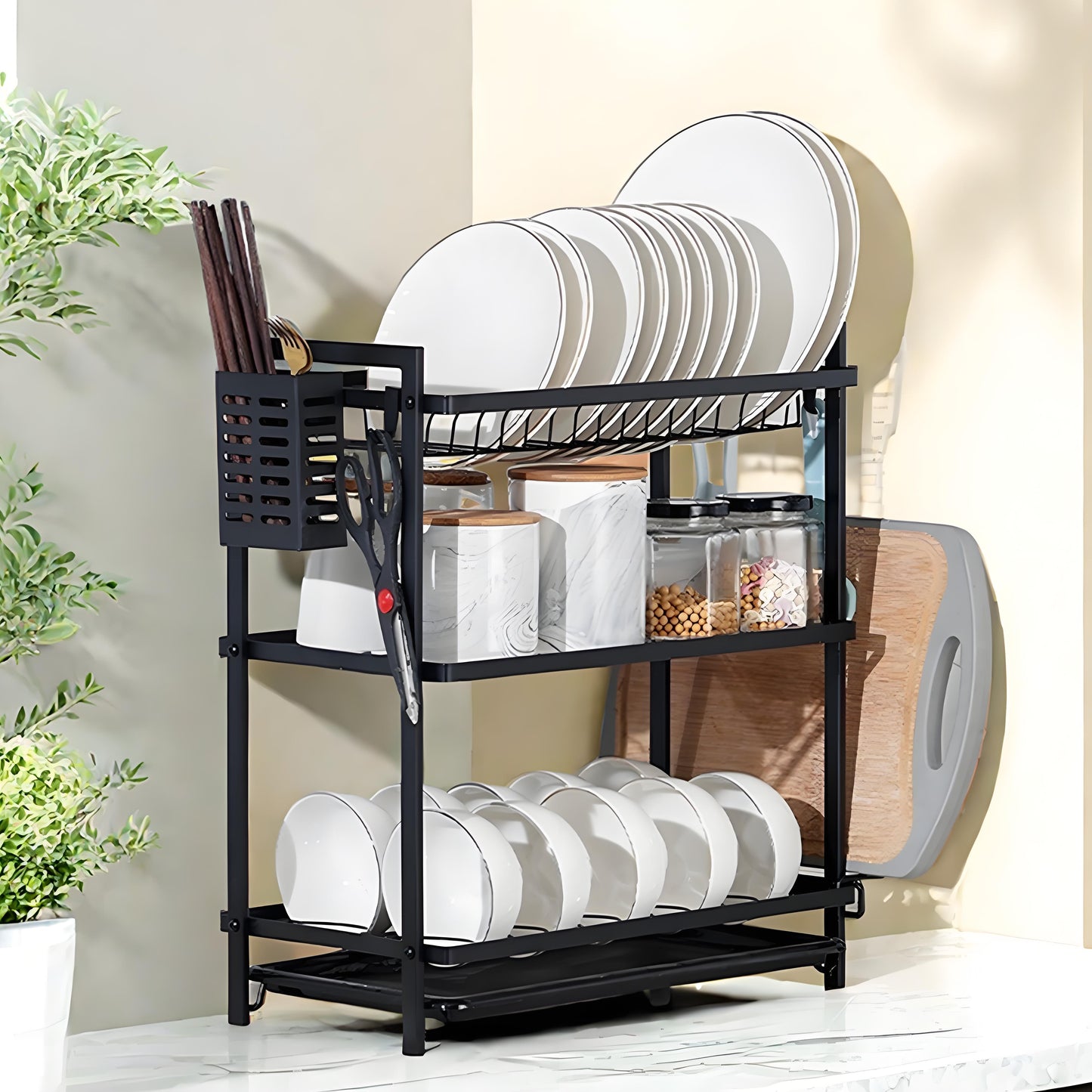 KRKZ Three-layer Kitchen Bowl, Plate, and Chopstick Organizer with Drainage Tray (Black, 21.06 x 9.84 x 19.88in)