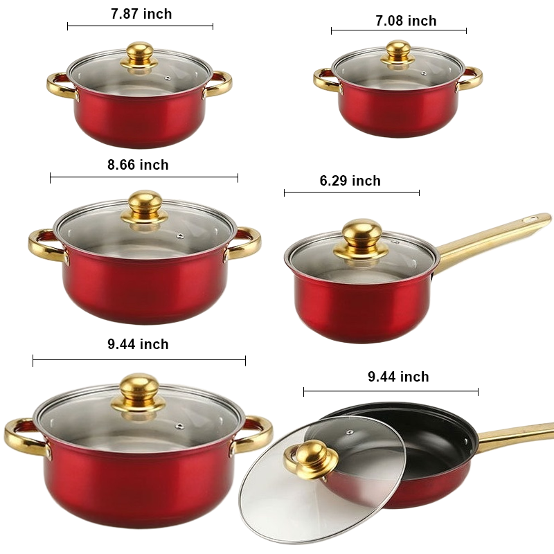 KRKZ Red Cookware Set, 12-Piece ,Stainless Steel, Non-Stick, Kitchen Cookware Collection,Complete Kitchen Solution