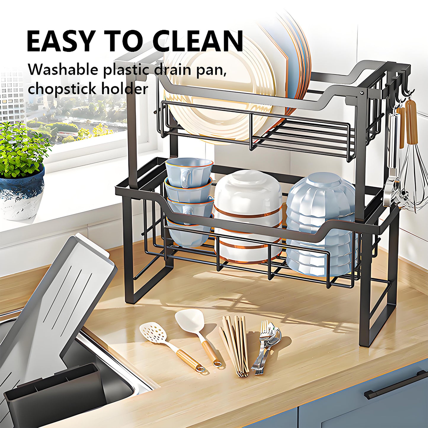 KRKZ 2-Tier Dish Rack - Large Stainless Steel Kitchen Drainer for Dishes, Bowls, Utensils (Spoons/Forks) (Black 16.9x6.7x15.4 in)