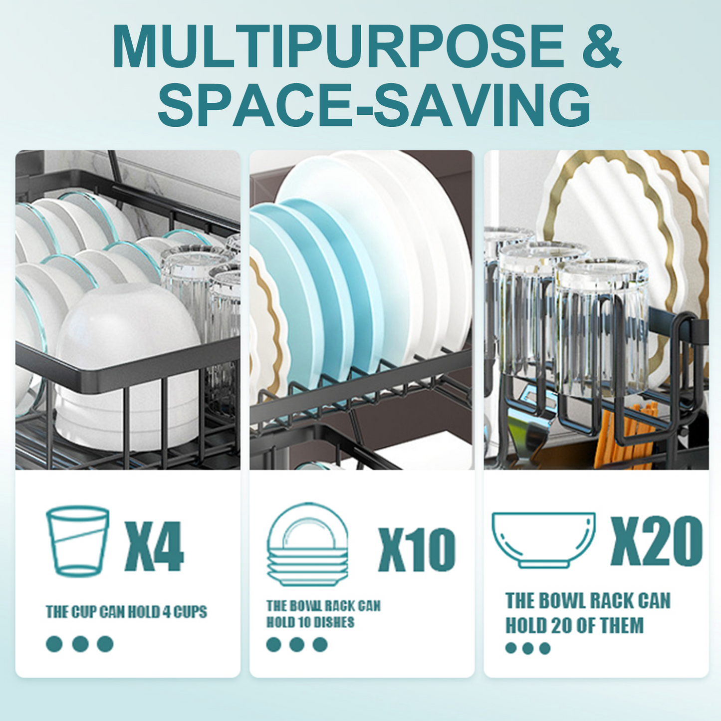 KRKZ Home Kitchen 2-Tier Stainless Steel Foldable Dish Racks ,18.9"x12.2"x11.8"in, Black