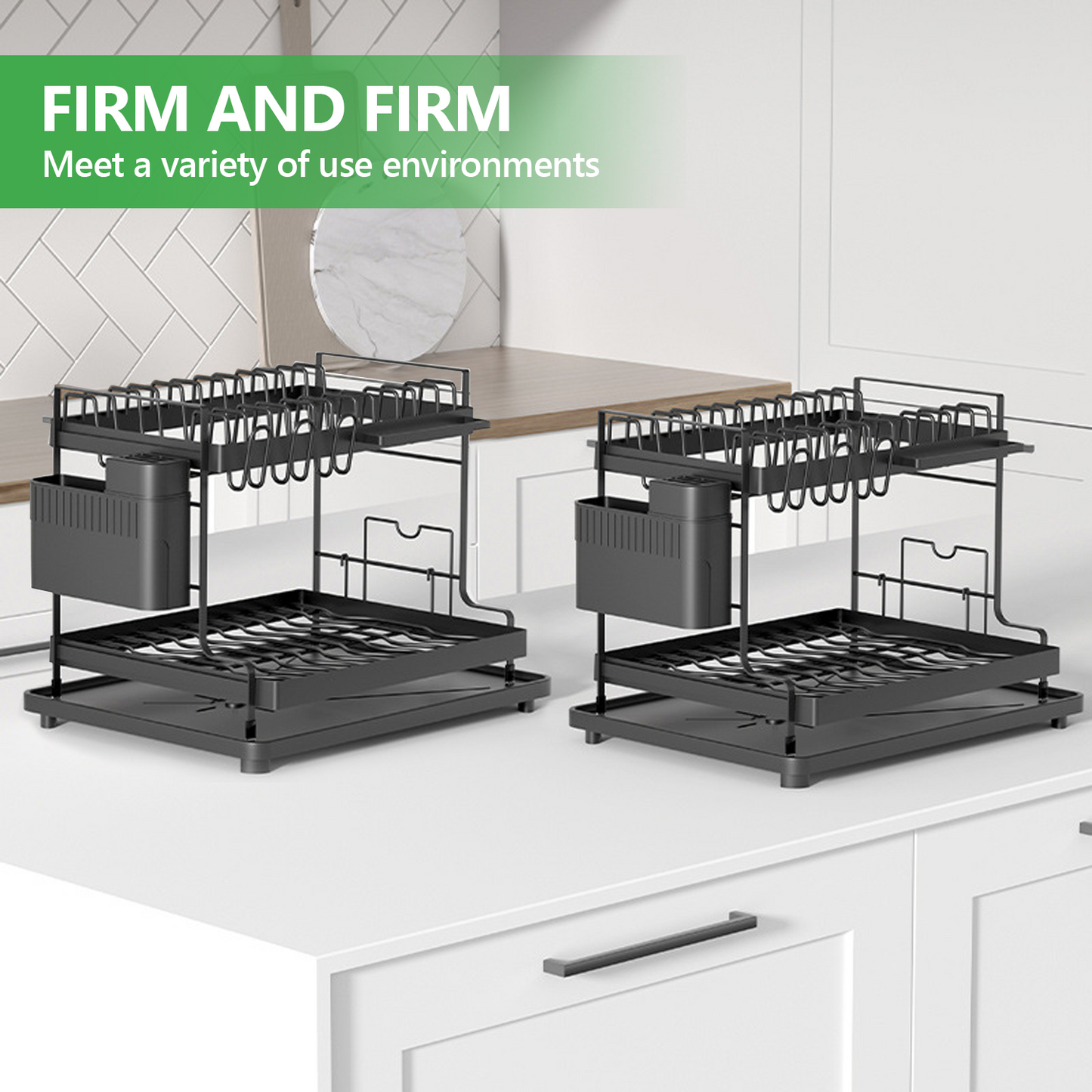 KRKZ 2-Tier Dish Rack - Carbon Steel Kitchen Drainer with Cup Holder, Space-Saving for Dishes/Utensils/Cutting Boards (Black 16.2"x12"x13.6")