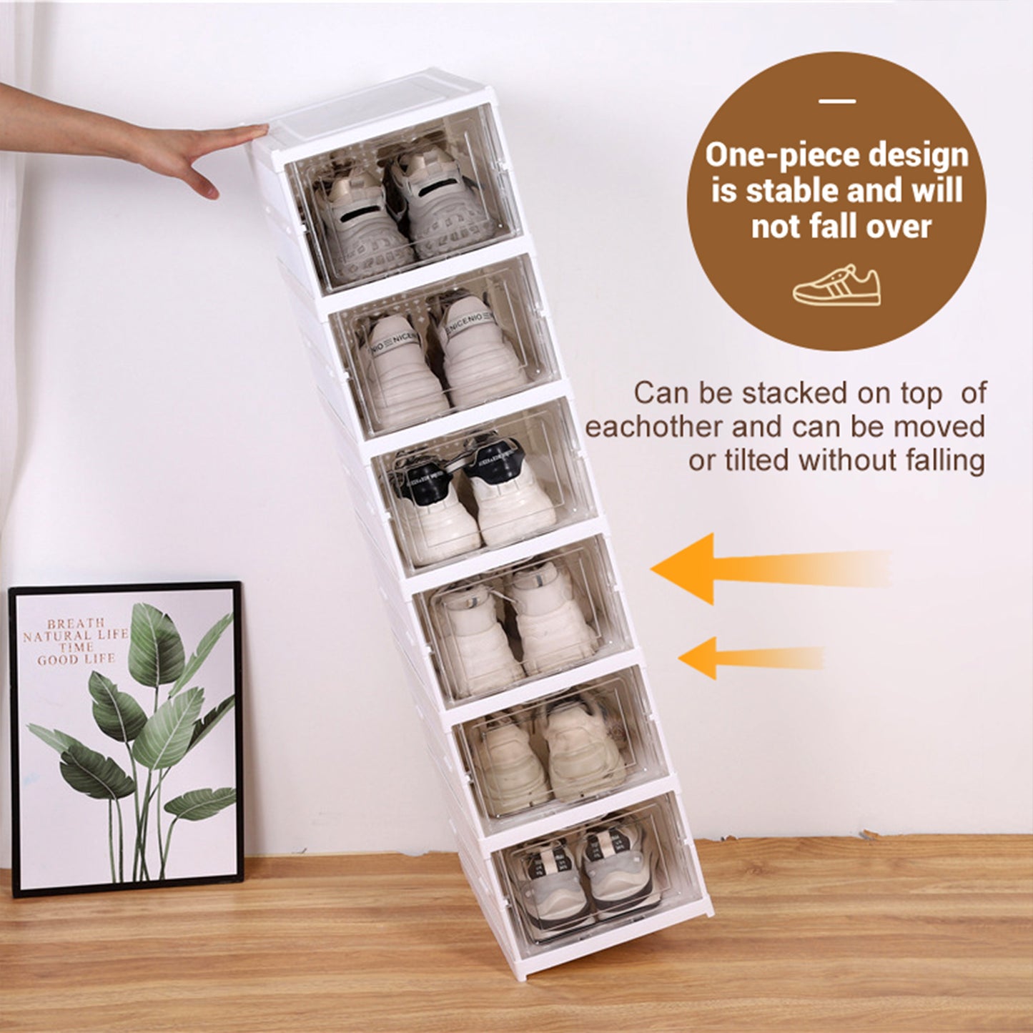 KRKZ 6-Tier Foldable Shoe Organizer - Semi-Transparent Stackable Storage with Doors, Space-Saving for Men's Sneakers (White 15.8"x7.3"x12.2")