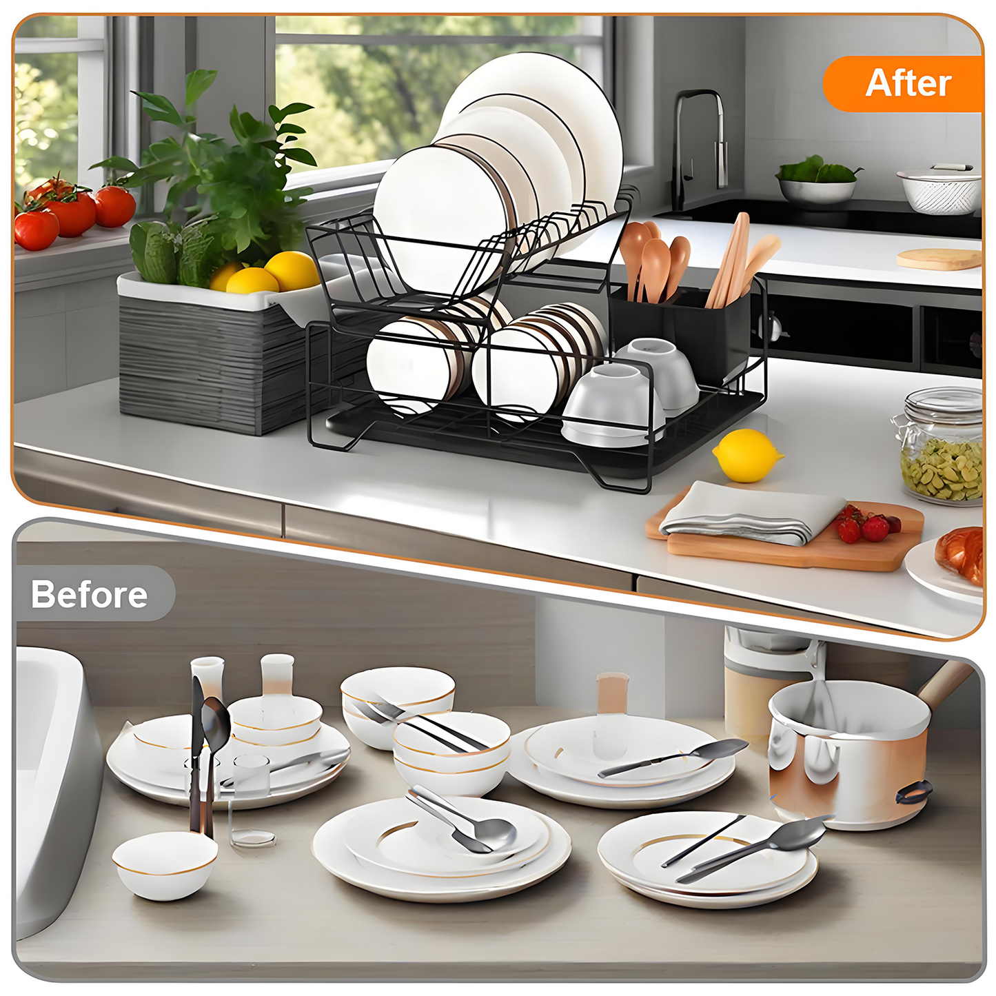 KRKZ Stackable Double Layer Dish Rack, Space-Saving and Durable for Kitchen Use (Black, 16.92 x 12.99 x 10.23 in)