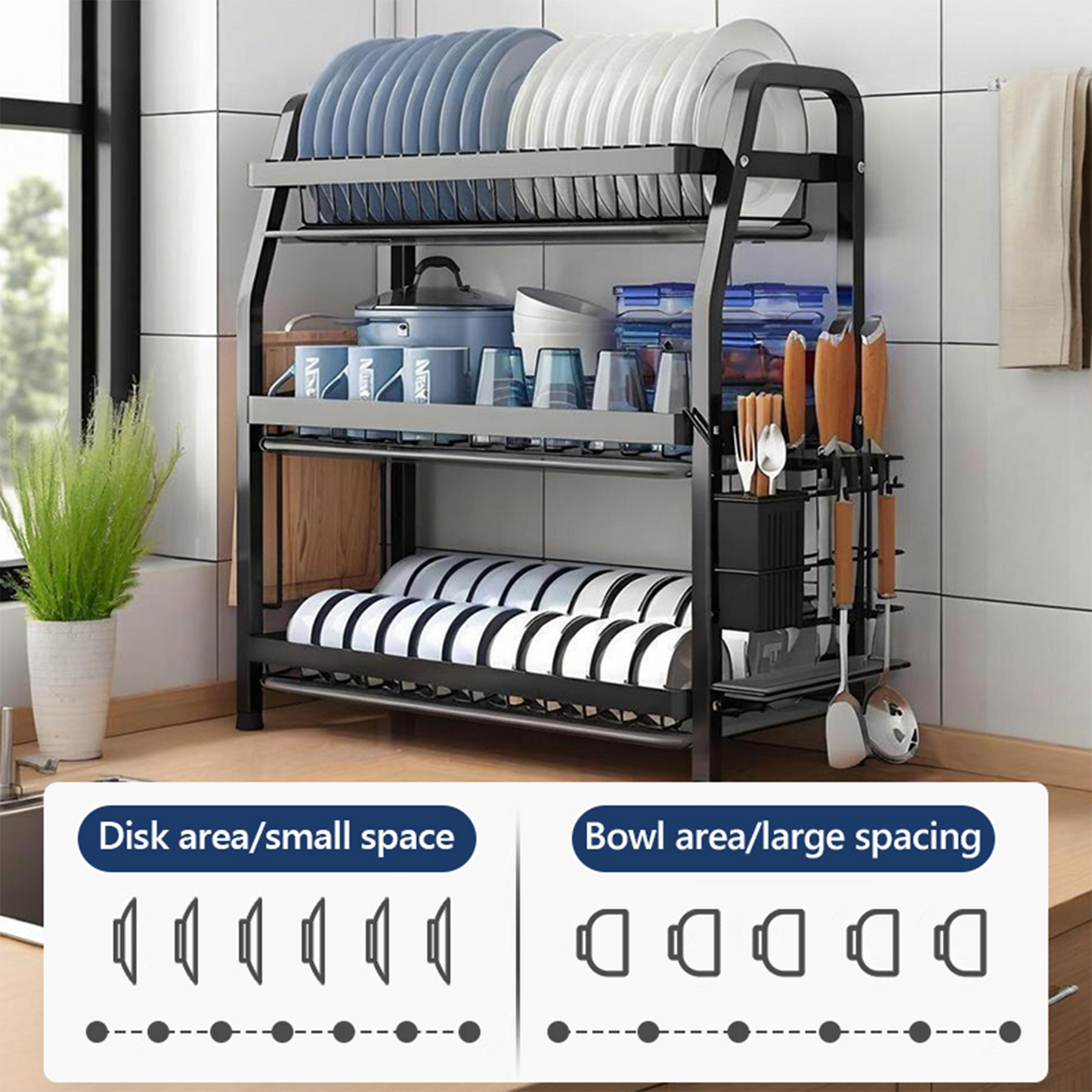 KRKZ 3-Tier Dish Rack - Steel Kitchen Drainer for Dishes, Utensils, Cutting Boards & Chopsticks (Black 20.7x9.6x25in)