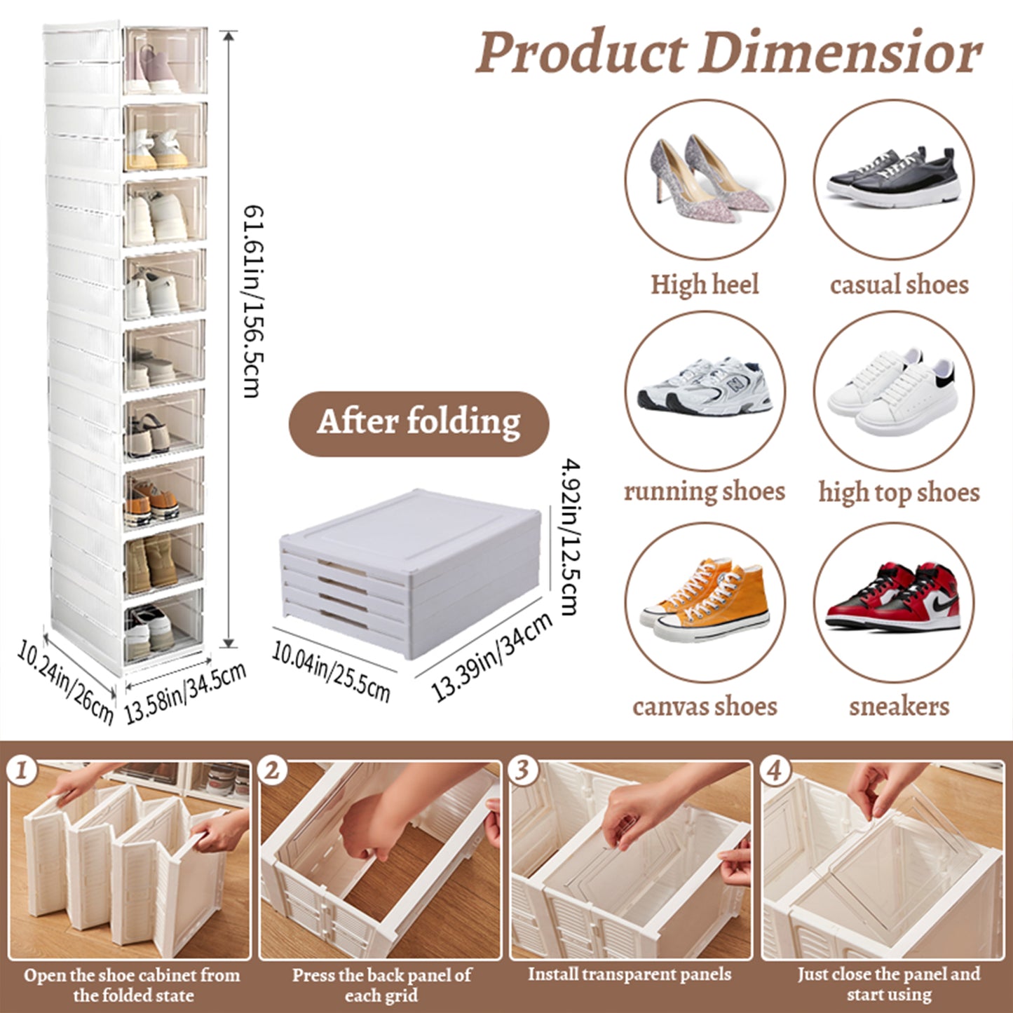 KRKZ 9-Tier Foldable Shoe Organizer - Semi-Transparent Stackable Storage Boxes w/Doors, Space-Saving for Closet/Bedroom (White 12.2"x10.2"x15.8")