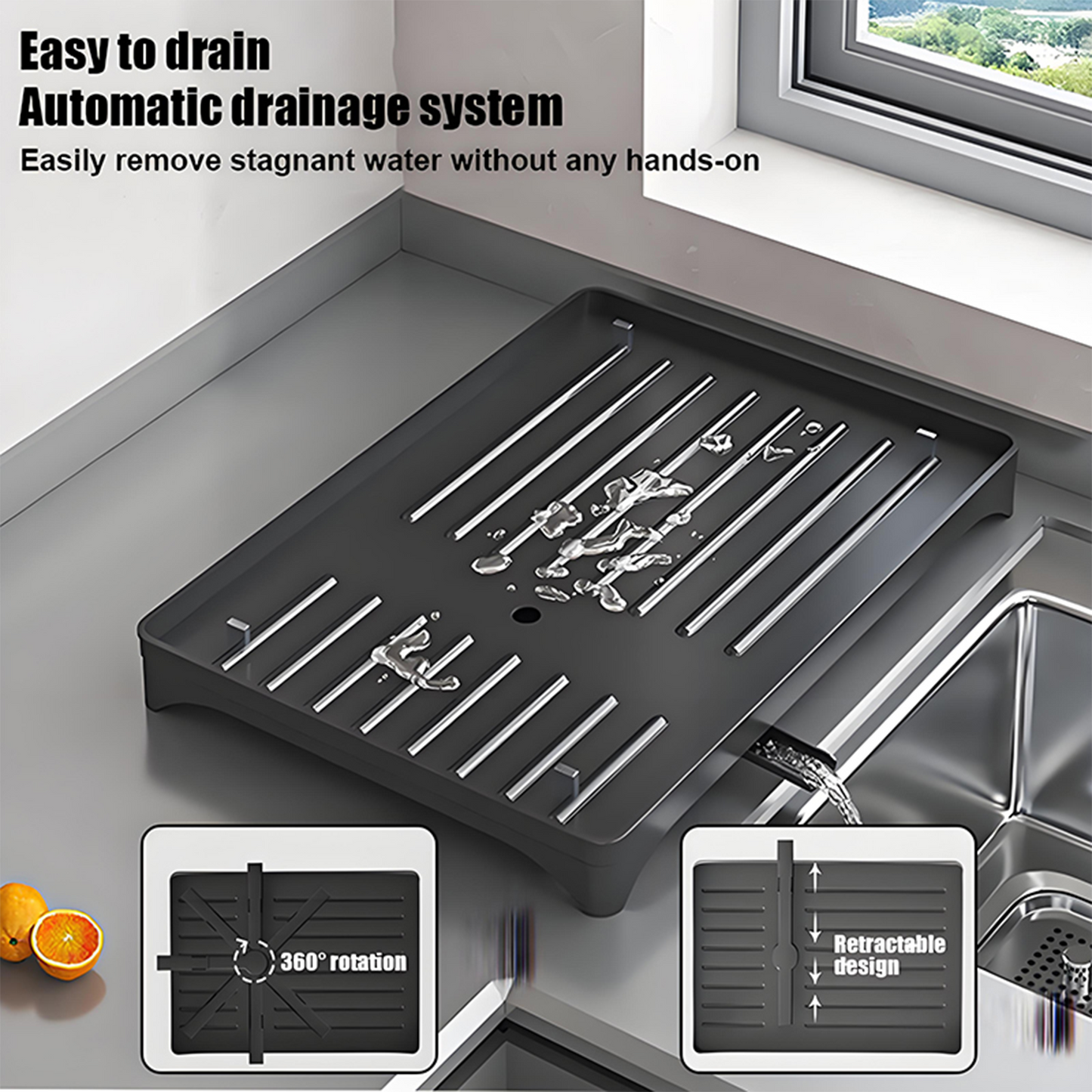 KRKZ Double-layer Bowl and Plate Organizer with Drainage Rack and Drainage Tube (Black 16.54*11.42*11.42in)