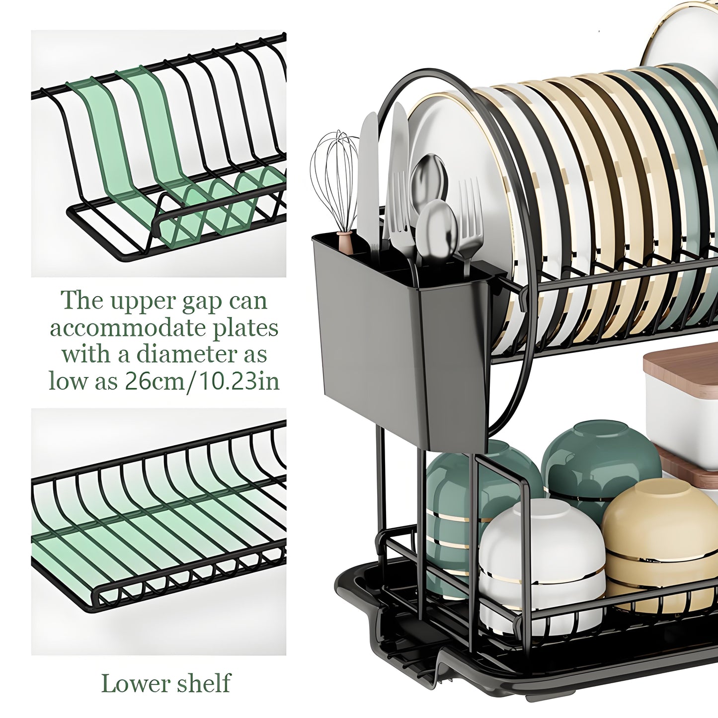 KRKZ 2-Tier Carbon Steel Dish Rack - Heavy-duty organizer with utensil/chopstick holders, fits plates/bowls/cups, rust-resistant (Black 15.2"x9.3"x14.6")