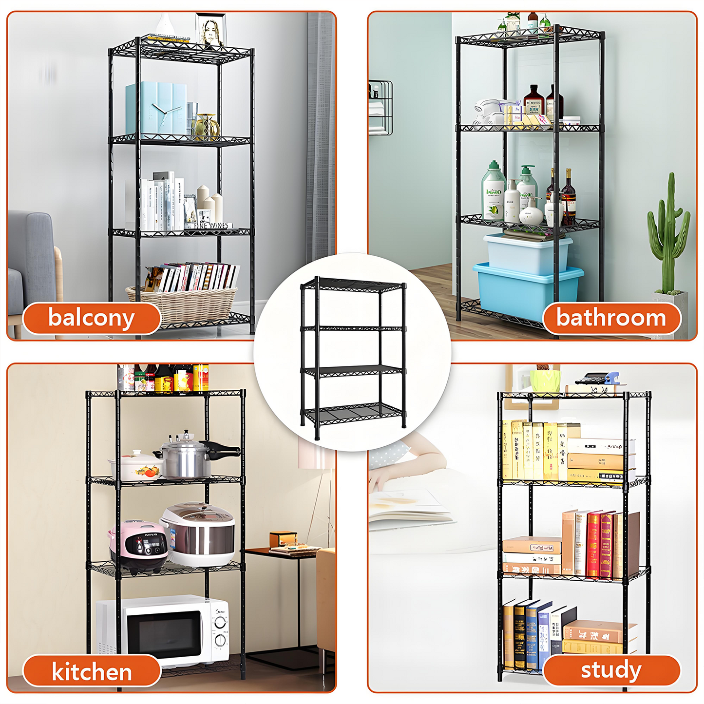 KRKZ Adjustable 4-Shelf Heavy Duty Metal Storage Shelving Unit in Black,22*13.78*47 Inches, Perfect Organizer for Kitchen and Bathroom